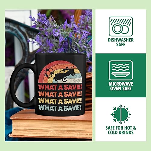 Miniatura 4 de Taza de café negra con texto en inglés «What A Save Rocket Soccer Car League», color negro