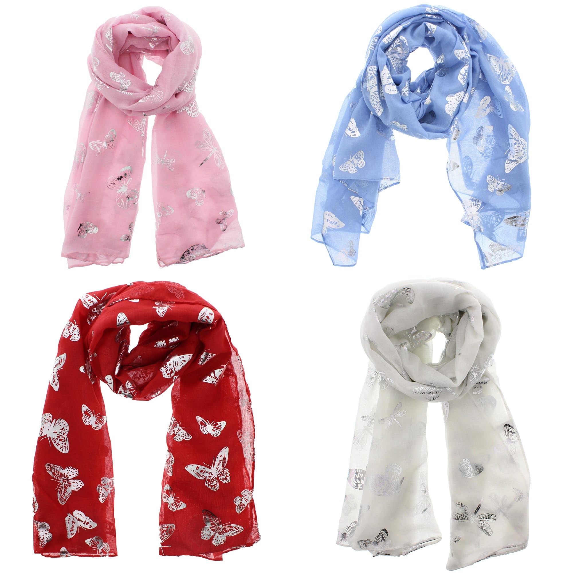 Zac's Alter Ego Women's Multicoloured Set Of 4 Lightweight Assorted Colour Silver Foil Butterflies Print Scarves