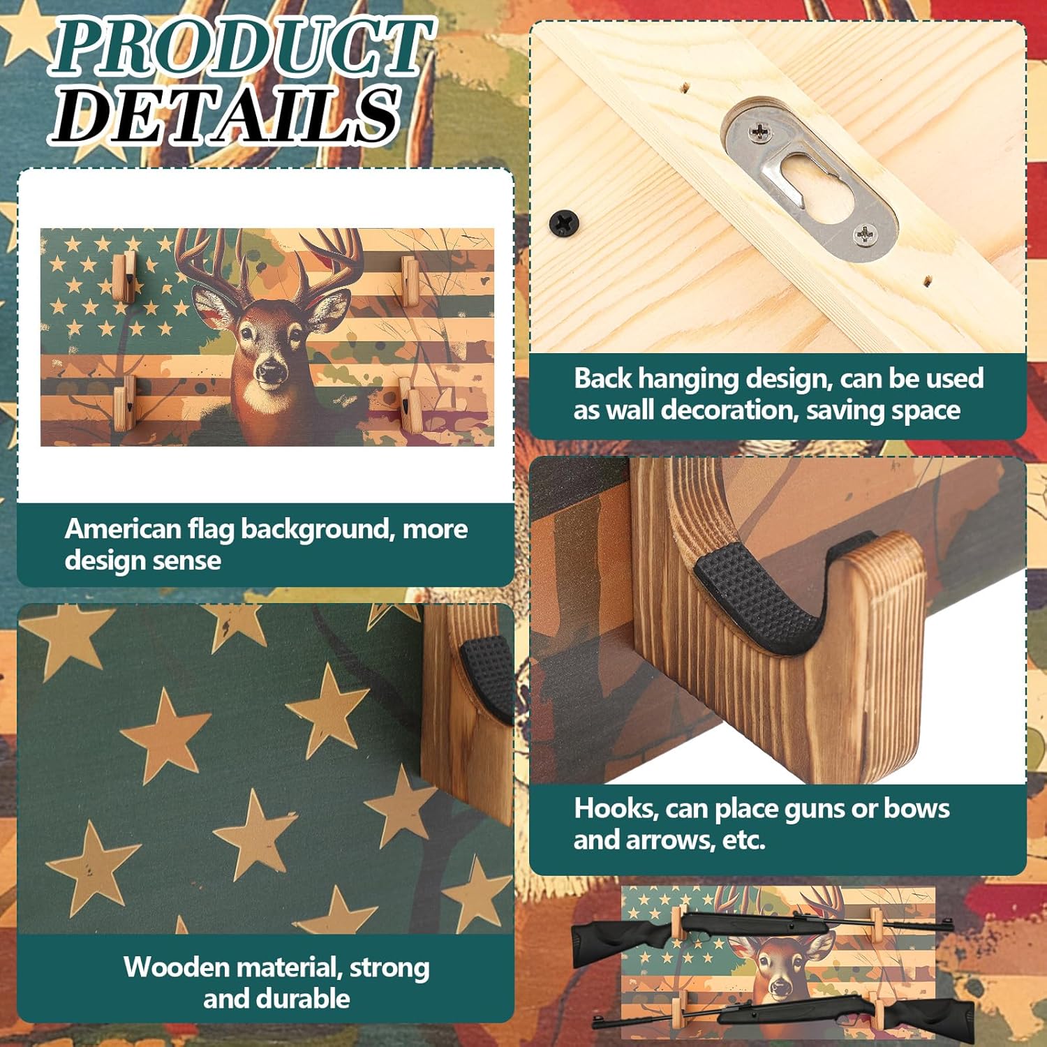 Wall Mount Gun Rack Indoor Rack for Guns Wood Display Storage Shelf with Flag Background Patriotic Wall Holder Decoration for Bows and Arrows (Flag and Elk,31.5 x 16 Inch,Classic Colors)