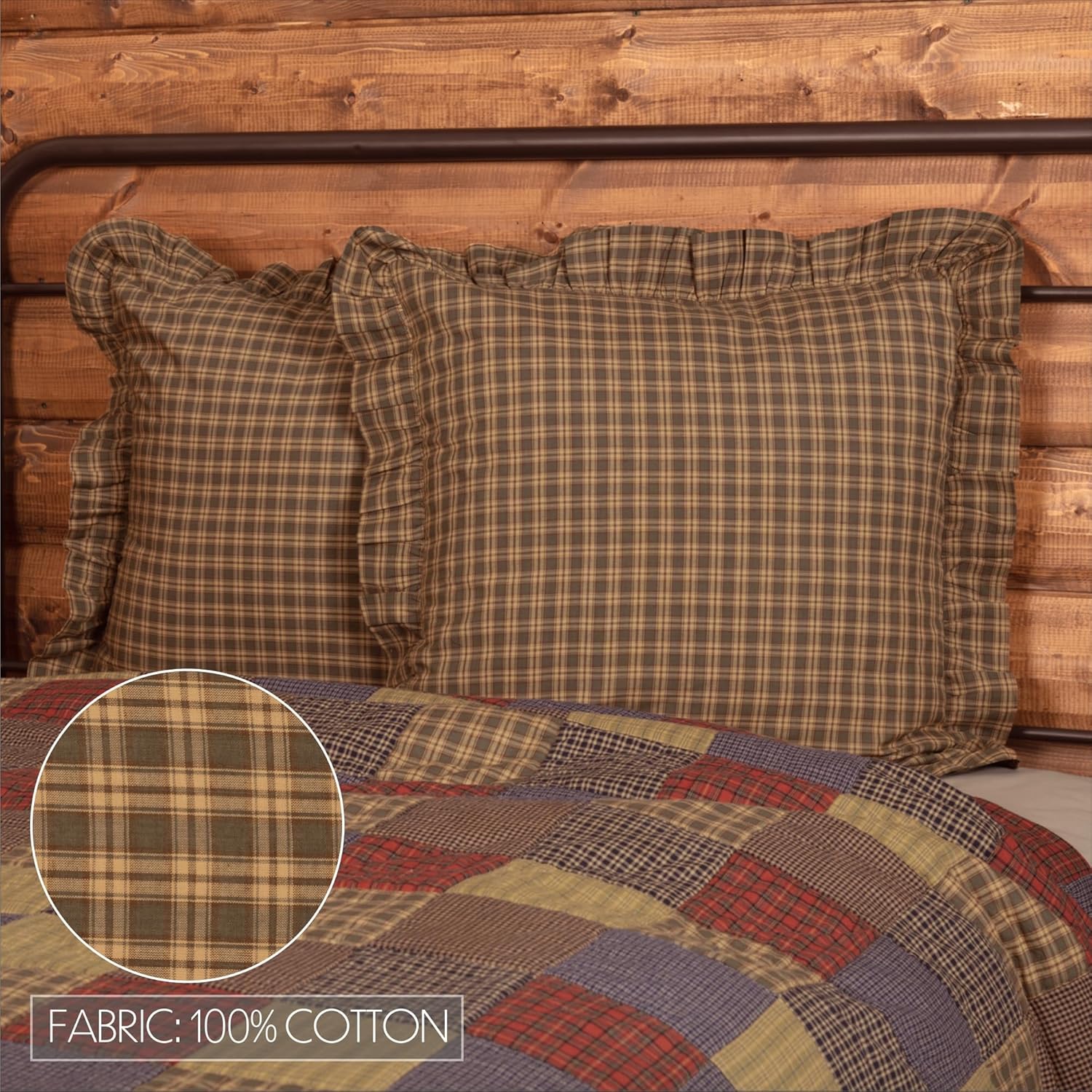 VHC Brands Ridge Plaid Cotton Rustic Bedding Square Euro Sham, Cedar Green