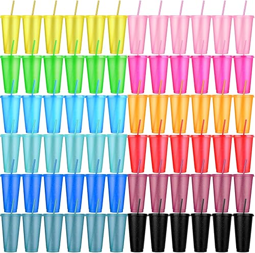Paquete de 72 vasos de plástico con tapas y pajitas, vasos reutilizables con tapas, vasos coloridos de plástico para fiestas de cumpleaños, taza de