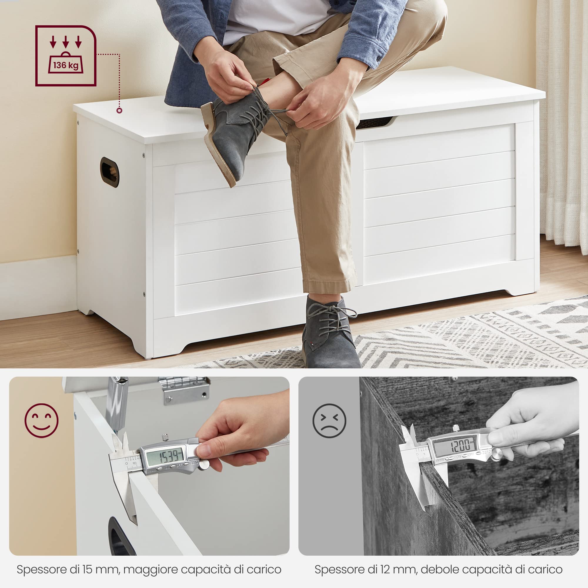VASAGLE Cassapanca, Panca Portaoggetti, Pouf Organizzatore con 2 Cerniere di Sicurezza, Scarpiera, 40 x 100 x 46 cm, Corridoio, Camera da Letto, Soggiorno, Bianco Nuvola LSB061T10