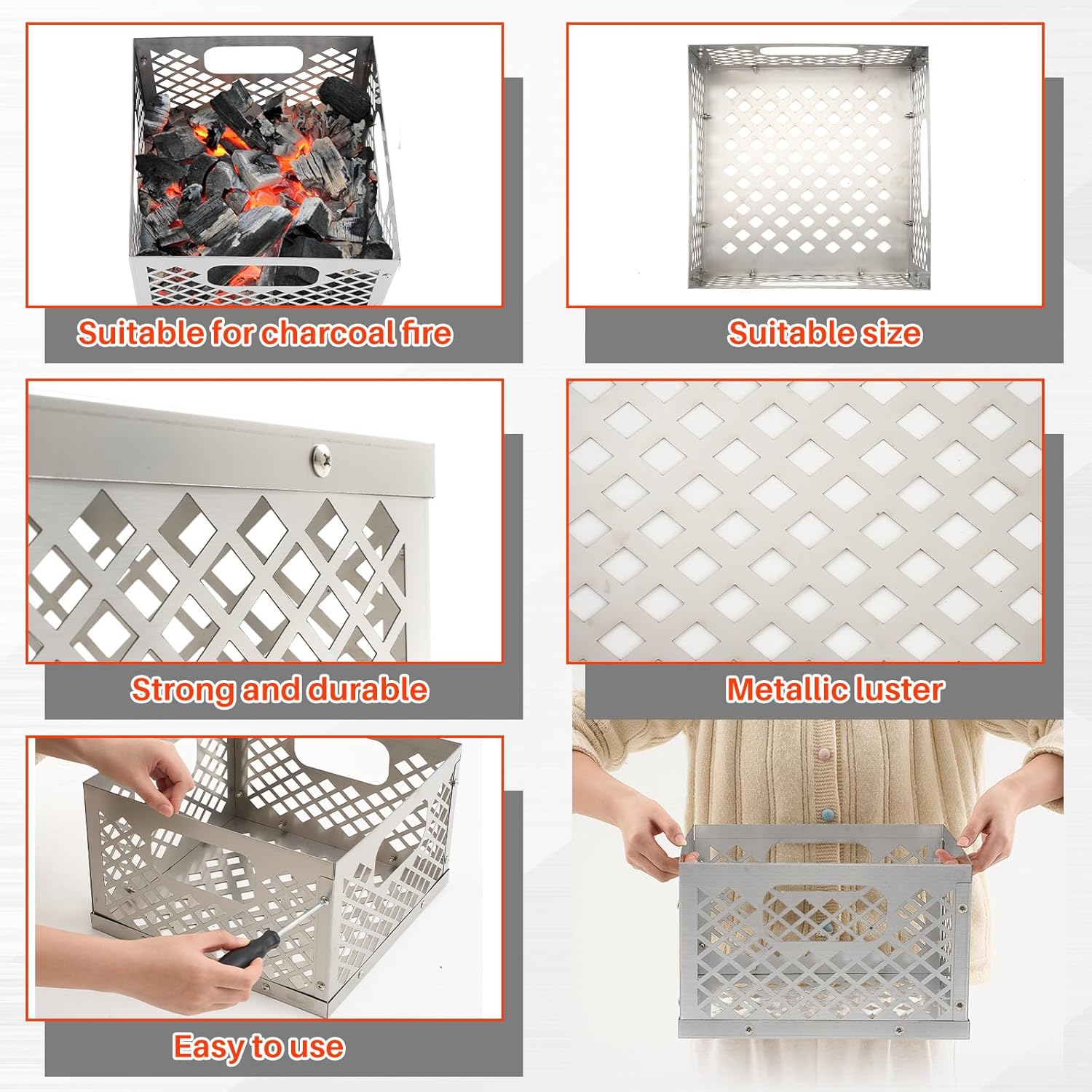 Pasimy 12 x 12 x 7.5'' Charcoal Fire Basket for Offset Smoker, Grill Accessories Stainless Steel Fire Basket for Smoker BBQ Grill Accessories