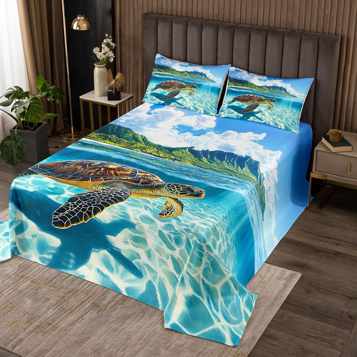 jejeloiu Sea Turtle Coverlet Set Twin Size Ocean Bedspread for Kids Boys Girls Coastal Beach Quilted Coverlet Breathable Soft Lightweight Microfiber Reptile Tortoise Nautical Beach Bedroom Decor