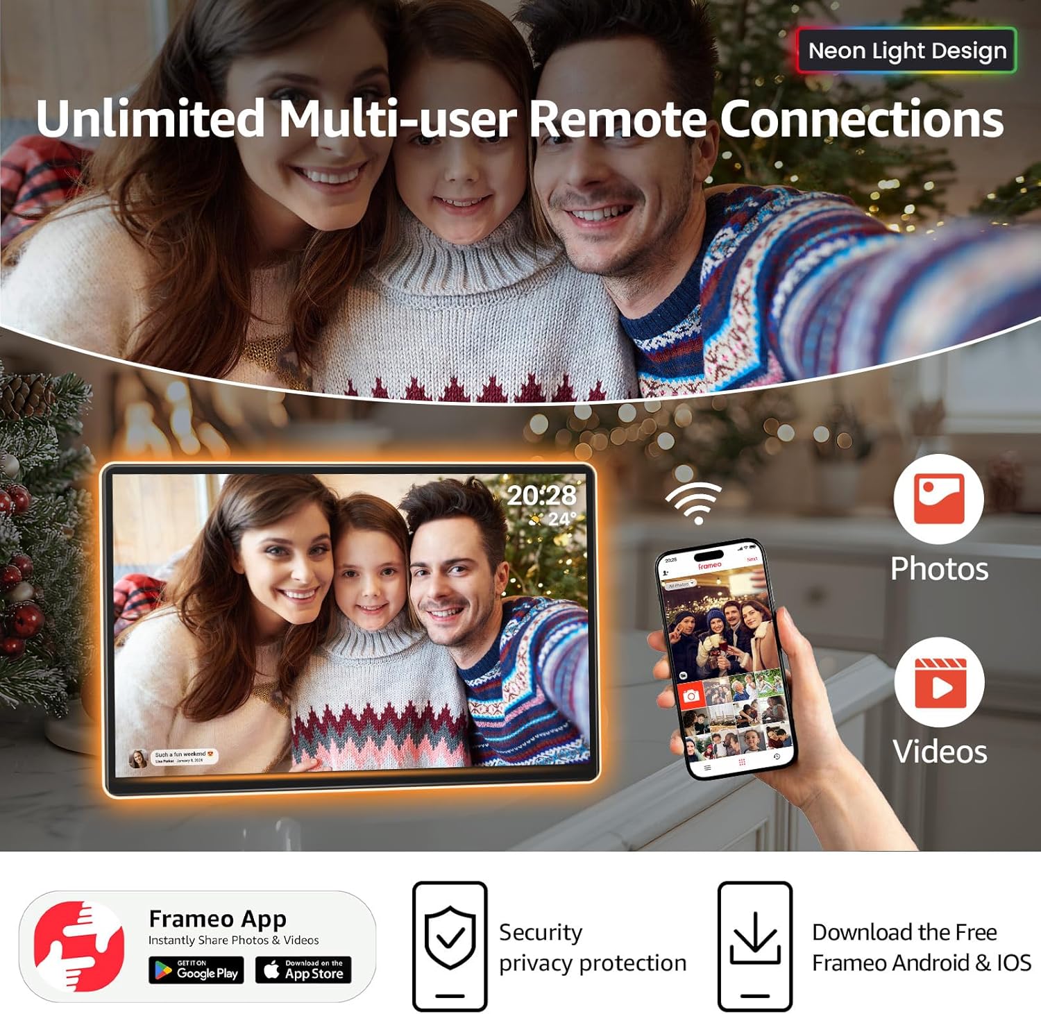 ApoloSign Digital Picture Frame displaying a family photo, with the frame shown in both portrait and landscape orientations to demonstrate flexible placement.