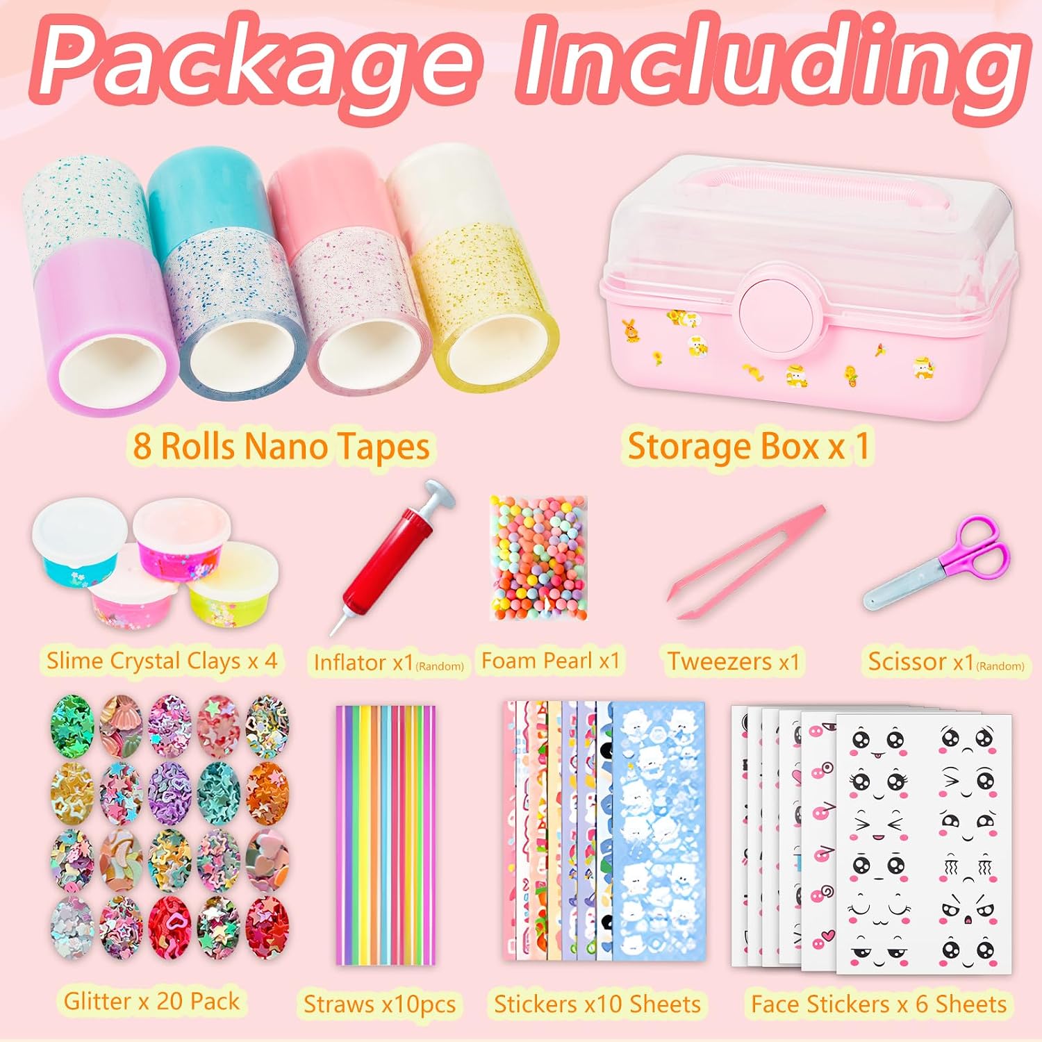 8PCS Nano Tape Bubble Kit, Colorful Nano Tape Kit with Crystal Clays, Stickers and Bubble Crafts DIY Tools, Stress Relief Toy Making Kits for Kids