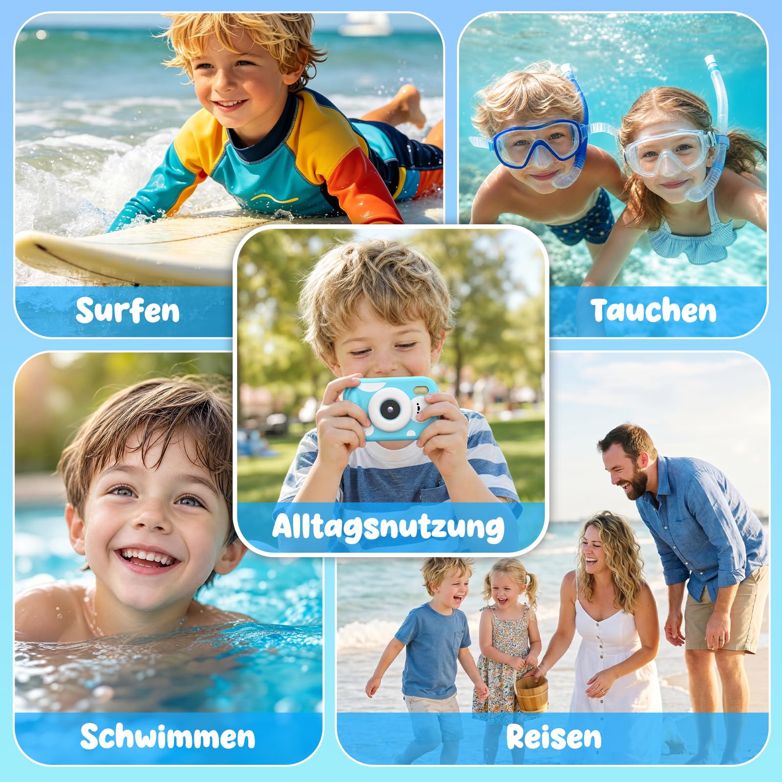 CHAKEYAKE Unterwasserkamera, IP67 10M/32.8FT Kinderkamera 1080P wasserdichte Digitalkamera mit 2.4" HD Bildschirm, 10X Digitalzoom, SD Karte, Geschenk für Jungen und Mädchen 3–12 Jahre, Blue