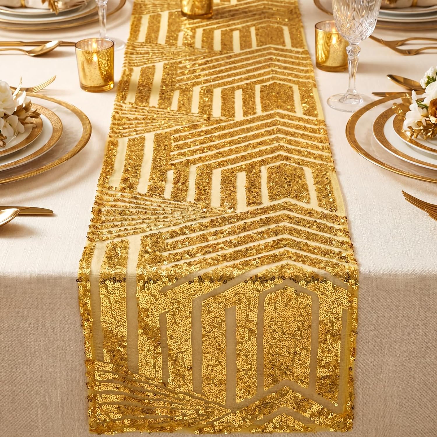 Peryiter 3 Pack White and Gold Sequin Table Runners 12 x 108 Inch Geometric Glitter Sequin Gold Table Runner for Wedding Birthday Party Engagement Baby Shower Decorations