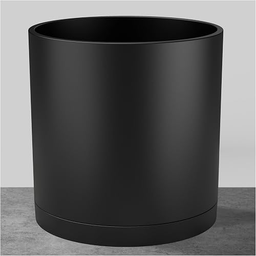 FaithLand 10 Inch Plastic Planter Pots with Drainage Holes and Seamless Tray, Modern Garden Pots for Indoor Outdoor Plants, Matte Black