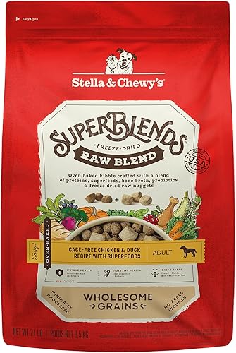 Stella & Chewy's SuperBlends Mezcla cruda de granos sanos Receta de pollo y pato libres de jaula con superalimentos, bolsa de 21 lb