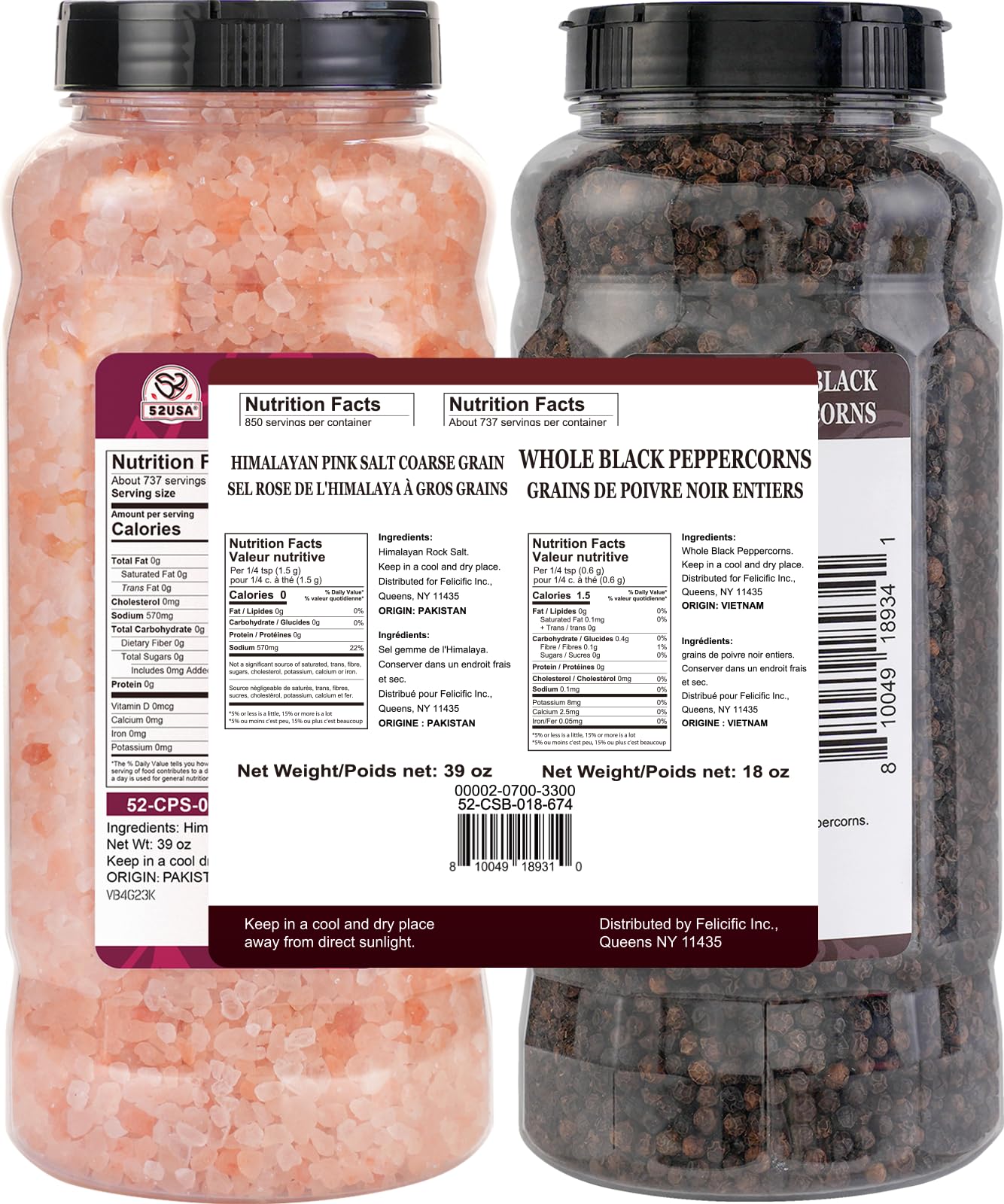 52USA - Sal gruesa rosa del Himalaya (1,105 g) + granos de pimienta negra entera (530 ml) en botellas recargables, combinación de especias gourmet para cocinar, asar y hornear, todo natural