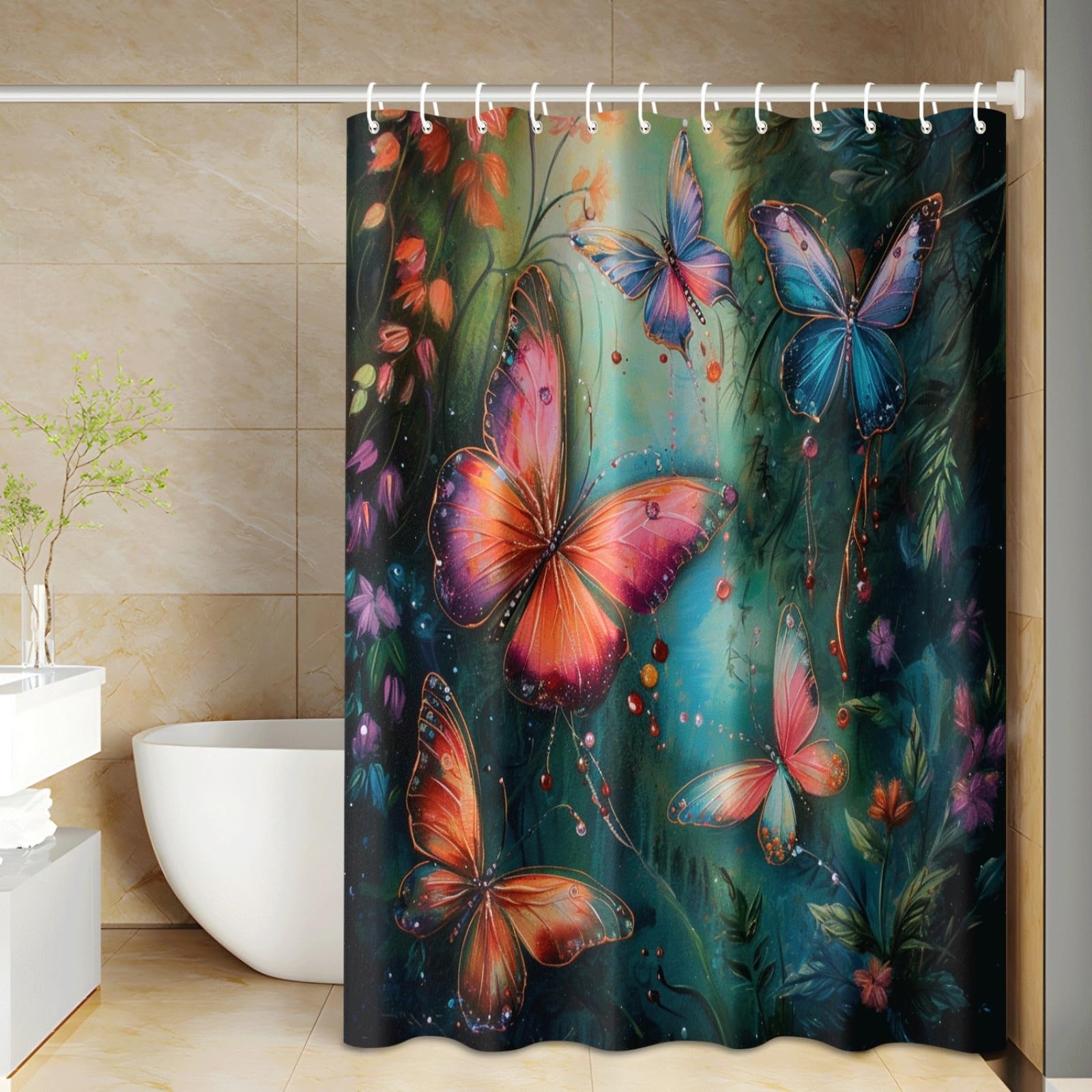 Shower curtain lavable au design de plantes vertes avec 12 crochets inclus