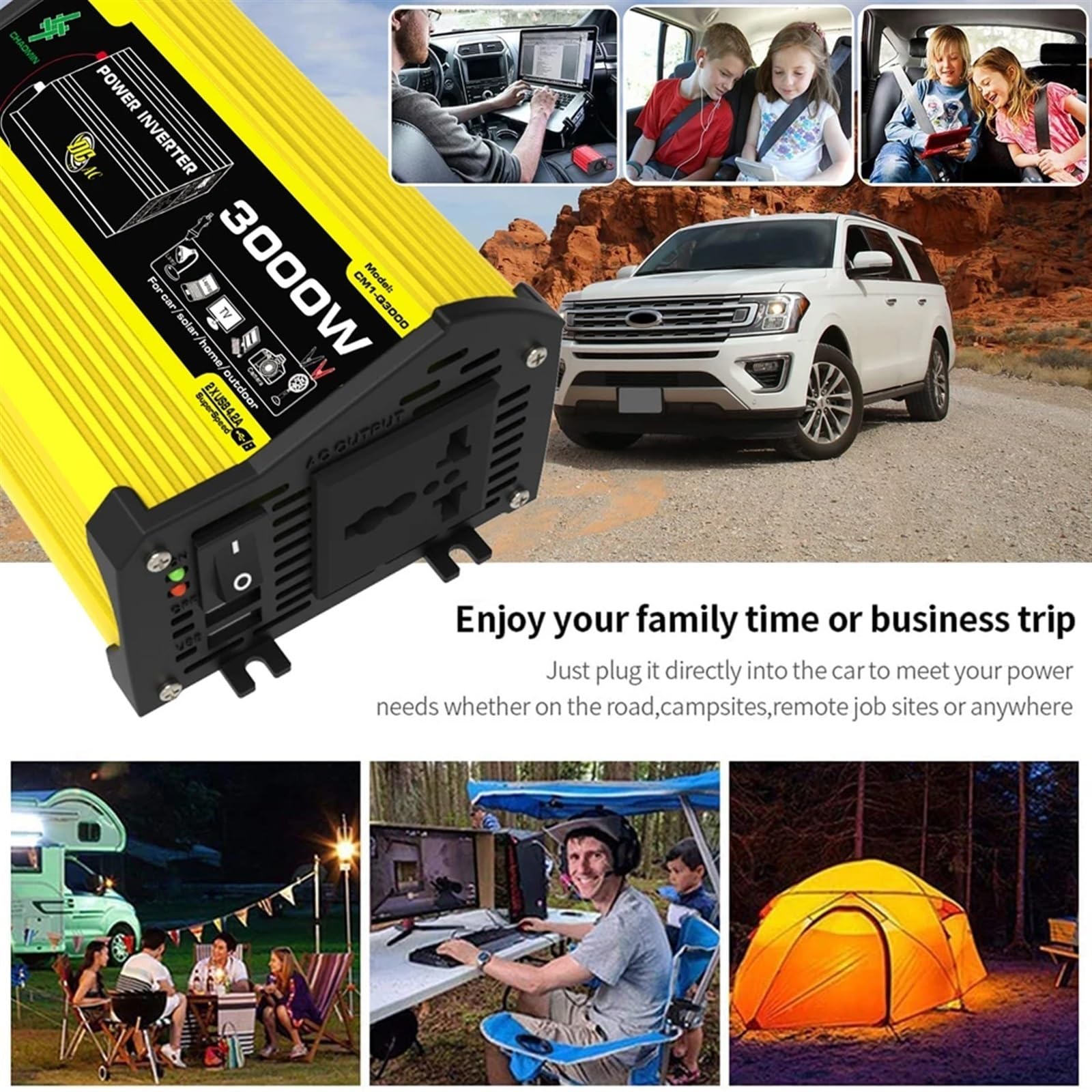 3000 W Inteligentny Inwerter Mocy DC 12 V Do AC/Podwójna Ładowarka Samochodowa USB Konwerter Modyfikowana Fala Sinusoidalna Przenośny Kemping na świeżym powietrzu(Yellow)