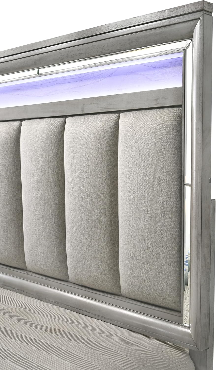 Contemporary Gray Finish Upholstered Padded King Size LED Light Bed 2X Nightstand Solid Wood 3pc Wooden Bedroom Set