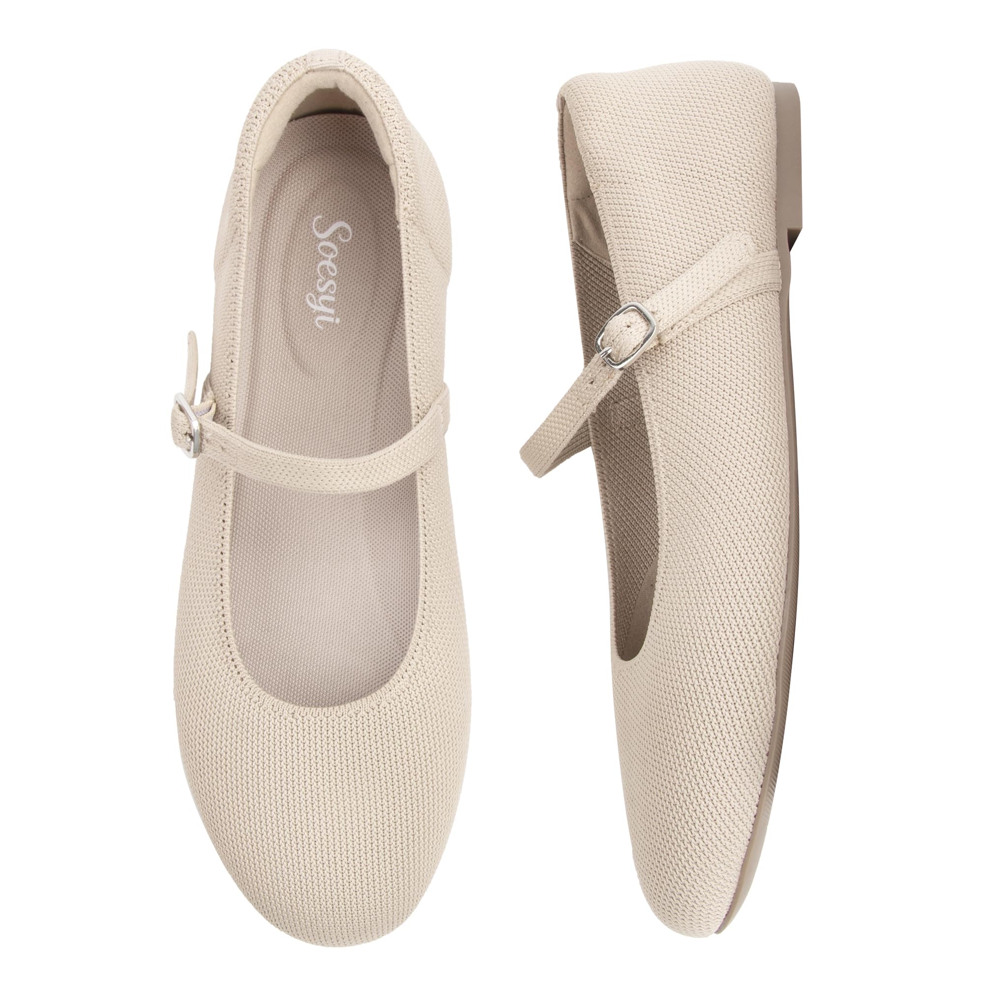 Soesyi Women's Round Toe Ballet Flats Comfortable Mary Jane Shoes Dressy Slip On Knit Flats Adjustable Straps Washable Flats
