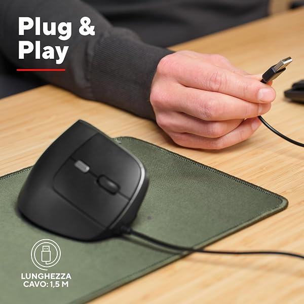 Trust Yuno Mouse Ergonomico Cablato, Mouse Verticale per Destrorsi con Cavo USB da 1,5m, DPI Regolabile (800-2400), Sensore O - 3