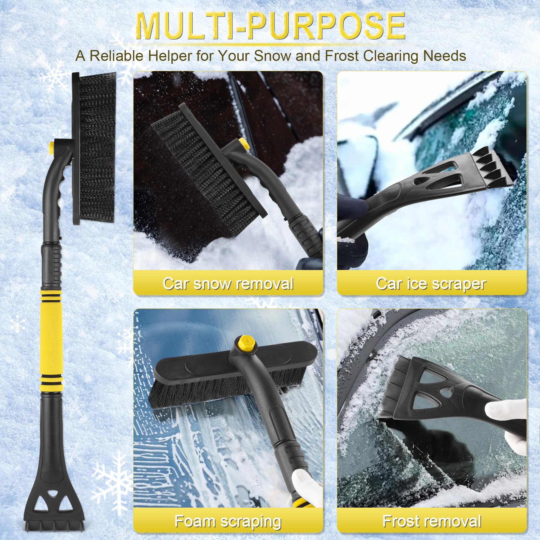 LivTee Rascador de hielo y cepillo de nieve para parabrisas de automóvil, herramienta extensible de 32 pulgadas para quitar nieve con cepillo giratorio de 360°, accesorios exteriores de automóviles y