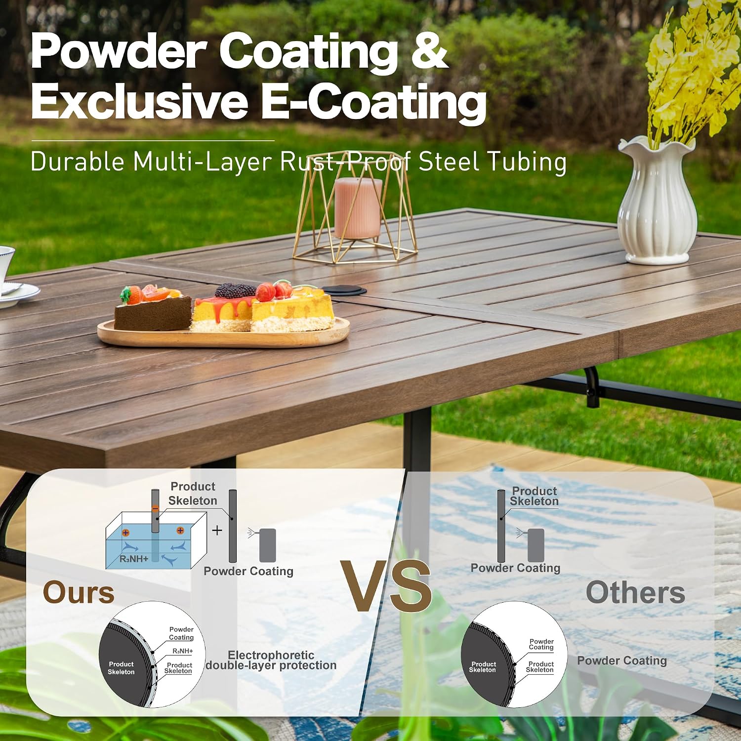 SUNSHINE VALLEY 64" Patio Dining Table for 6,Teak Color Rectangle Patio Table with Umbrella Hole,E-Coating and Powder Coating Steel Frame Metal Outdoor Patio Table for Garden Backyard Lawn Yard