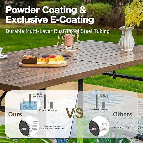 Miniatura 6 de Mesa de comedor de patio de 64 pulgadas para 6 personas, mesa rectangular de color teca con agujero para paraguas, revestimiento electrónico y