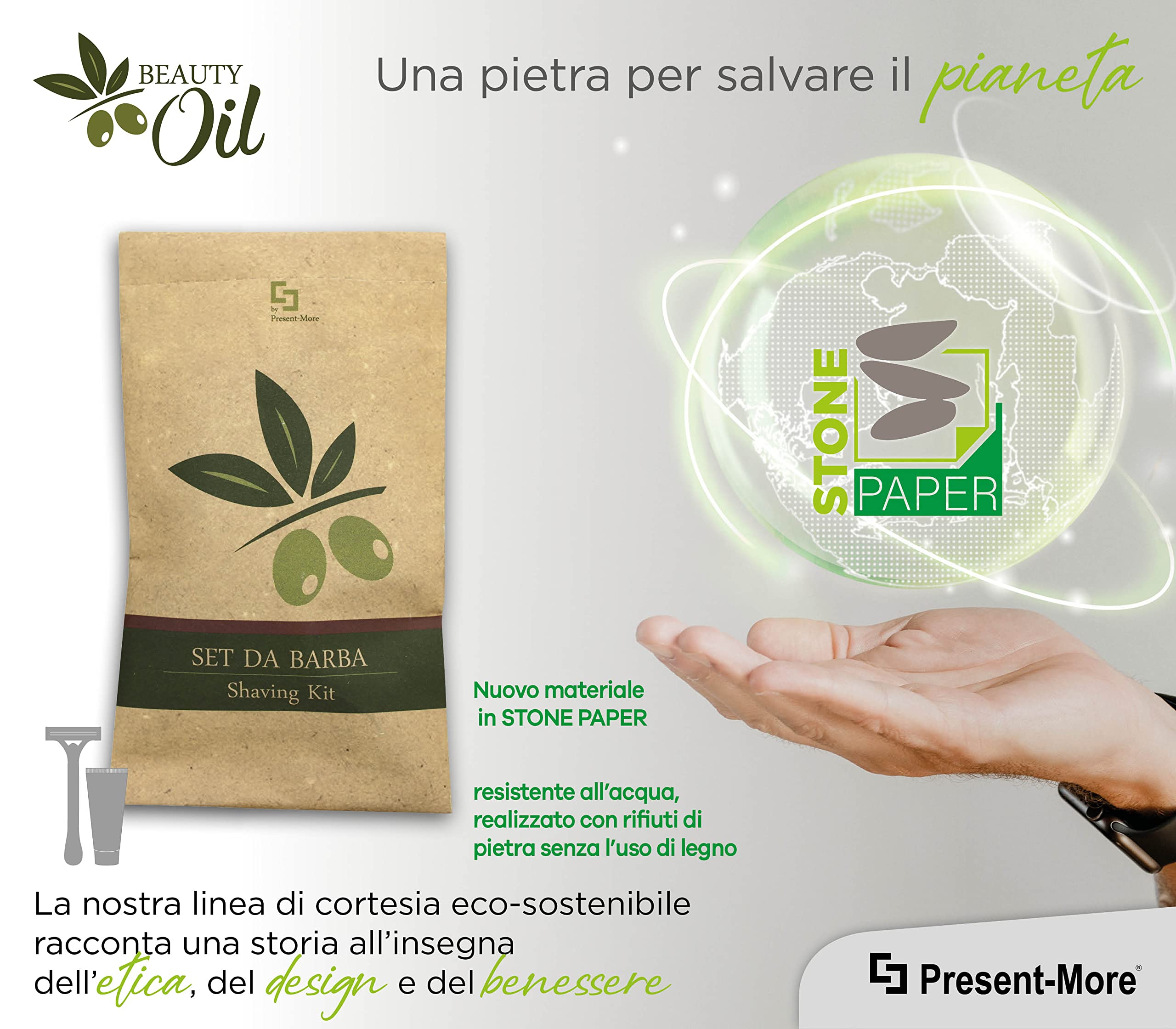 PRESENT-MORE - Kit Barba 250 Pezzi - Linea Beauty Oil | Kit con Rasoio e Crema da Barba da 10ml - Packaging Ecologico in Stone Paper - Ideale per Hotel e B&B
