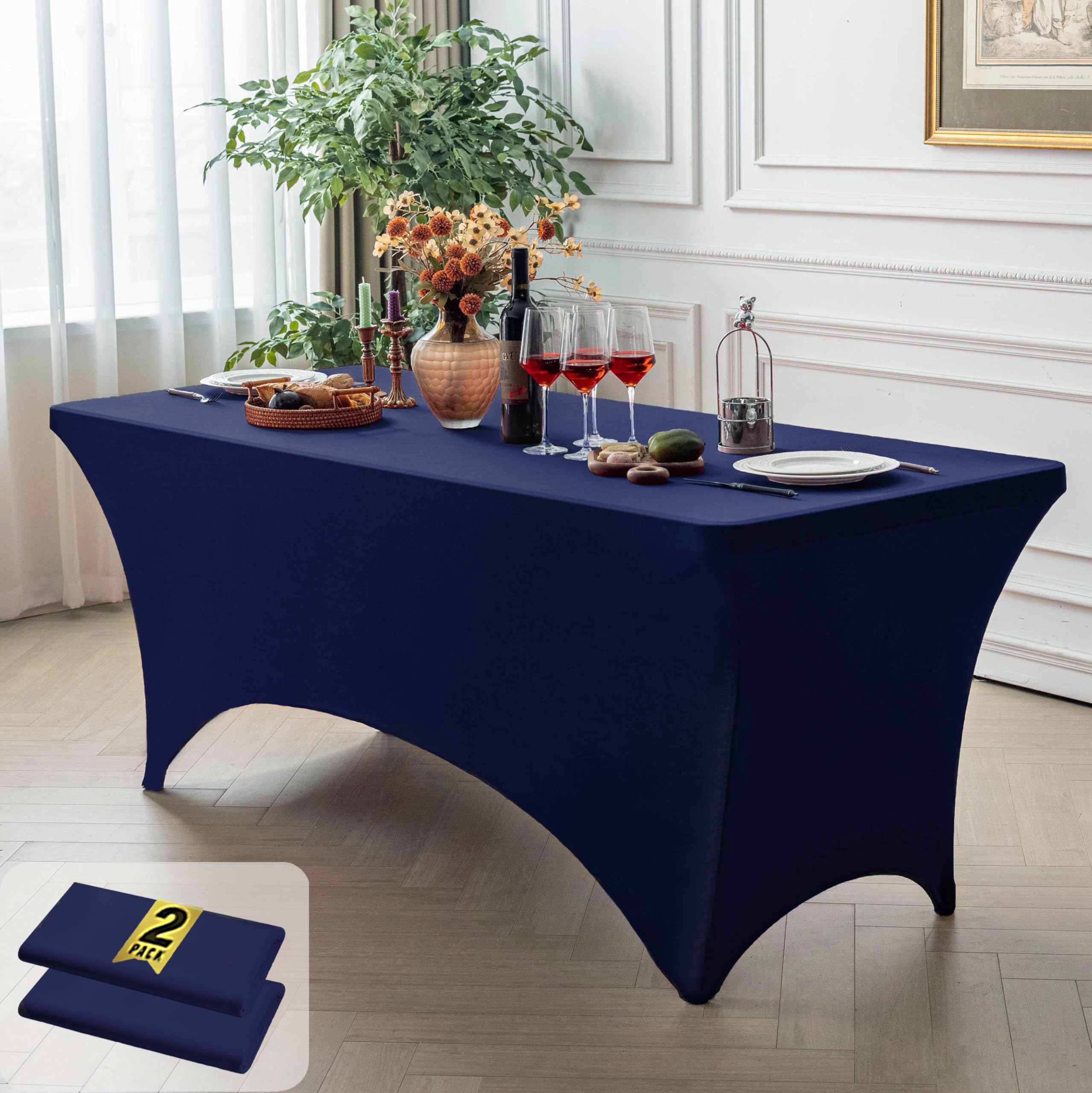 FOLINS&amp;HOME 2 Pack Navy Blue 4ft Fitted Spandex Water Resistant Tablecloth