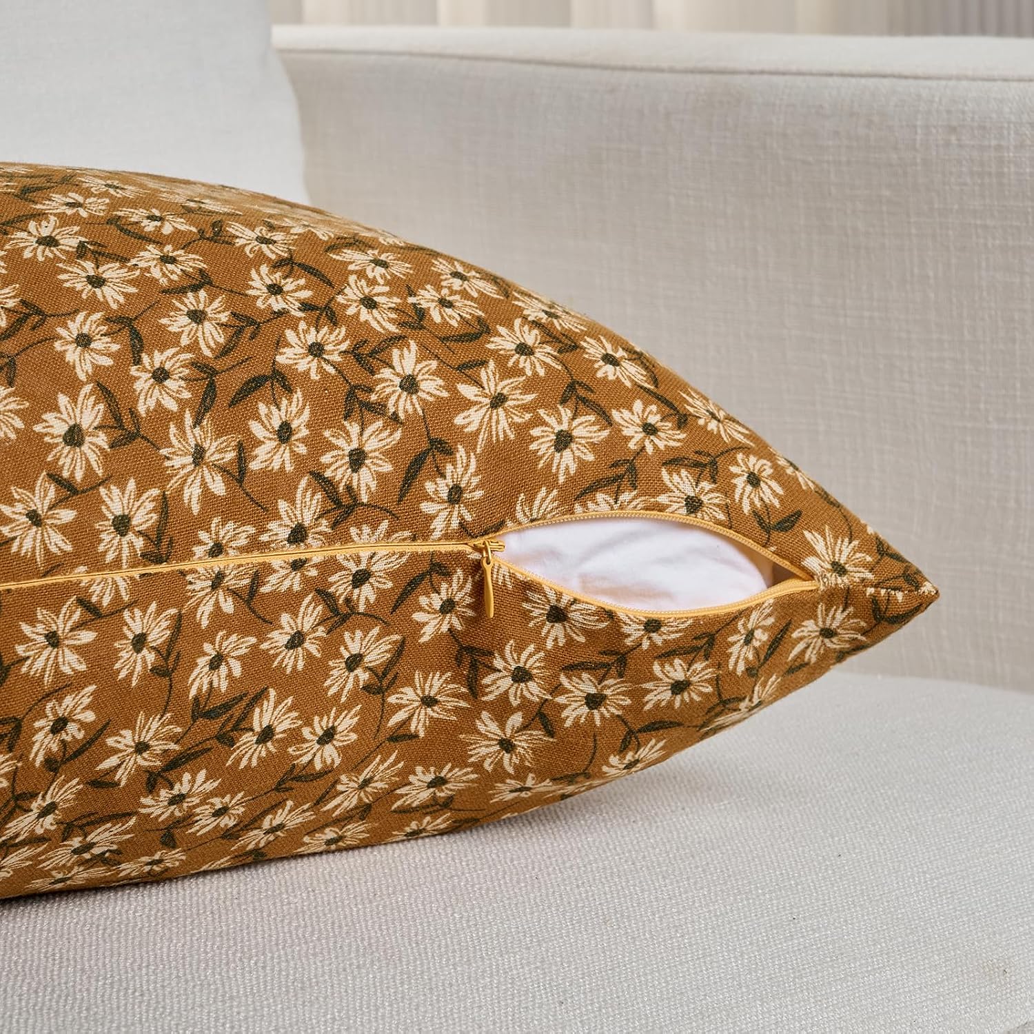 Fancy Homi Set of 4 Mustard Yellow Floral Vintage Square Decorative Throw Pillow Covers 20x20 Inch for Couch Sofa Bed Living Room, Modern Farmhouse Bobo Fall Home Decor,Soft Cotton Linen Cushion Cover