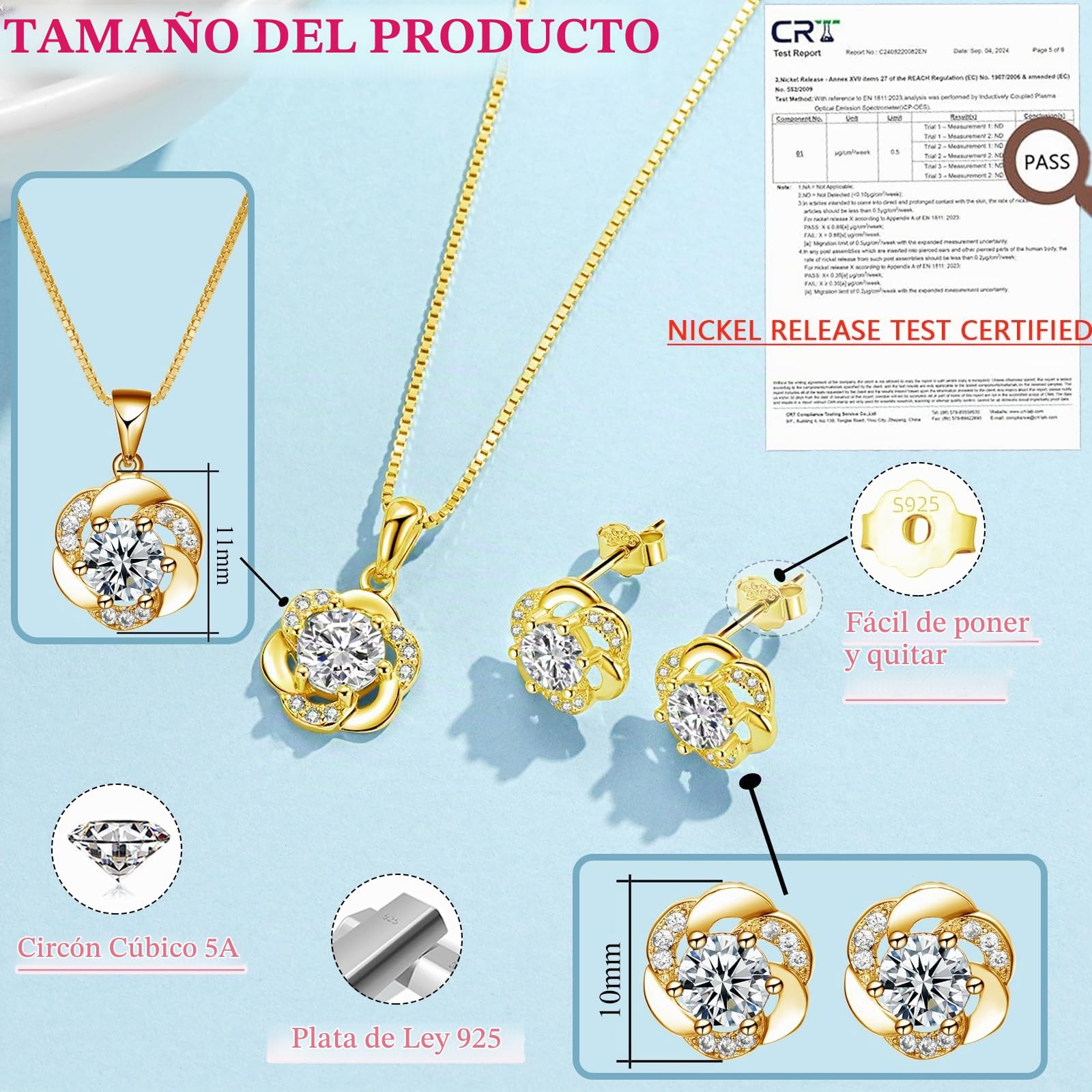 Juego de joyas de plata 925, juego de joyas para mujer, collar de flores y pendientes con circonita blanca, collar de plata con colgante de flores y pendientes con caja de regalo de cumpleaños