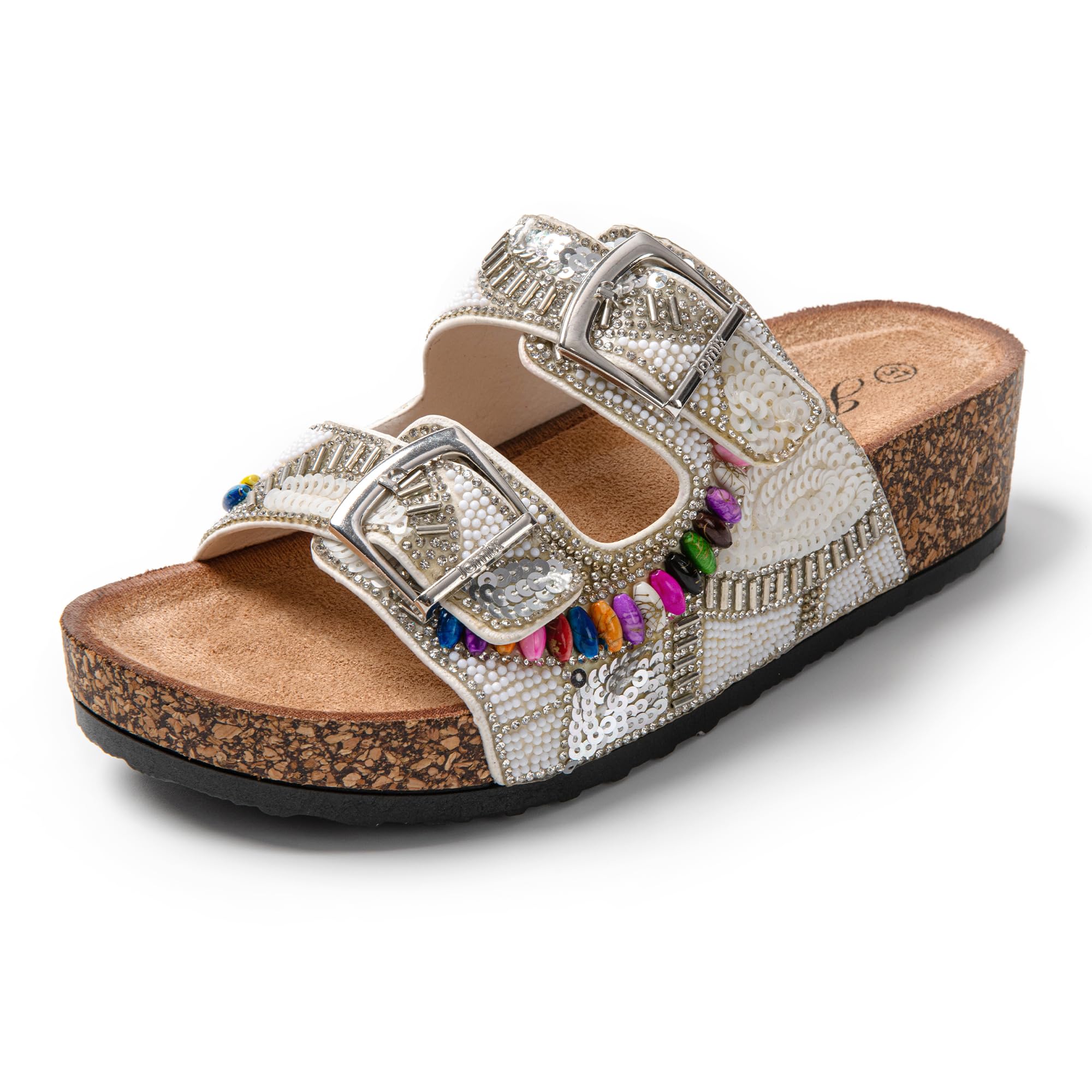 JOMIX Damen Pantoletten Glitzer Clogs Sandalen Plateau Bequeme Kork Strand Sommerschuhe