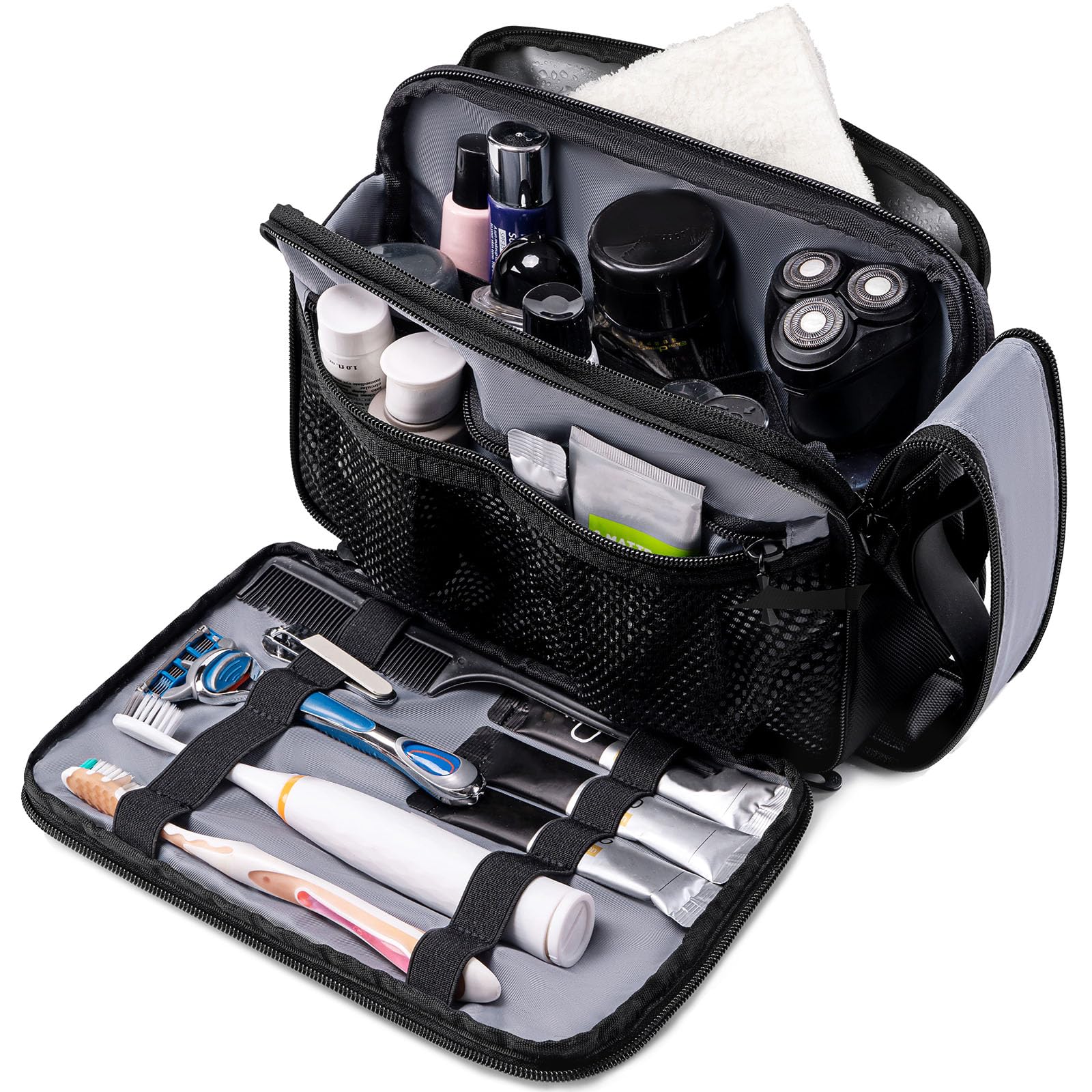 Neceser Hombre Viaje Impermeable, Bolsa de Aseo Grande con Apertura 180° Neceser Colgante con Compartimento Húmedo Separado, Organizador de Artículos de Tocador 1800D Oxford para Viaje Negocios-Negro
