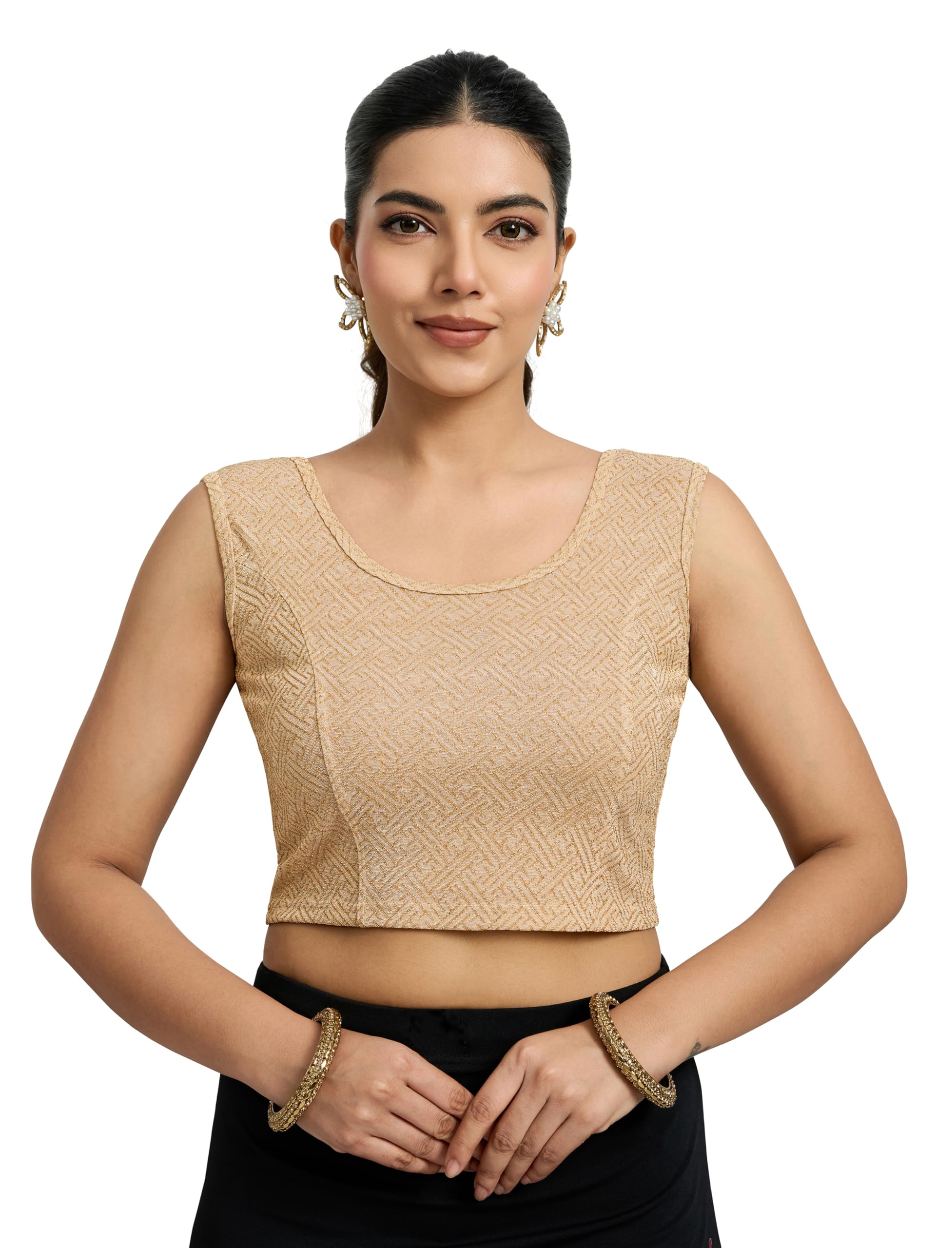 trendmalls Women's Polyester Elastane Zari Stretchable Round Neck Sleeveless Blouse Choli Stylish Saree Blouse Ready to Wear-picture-46