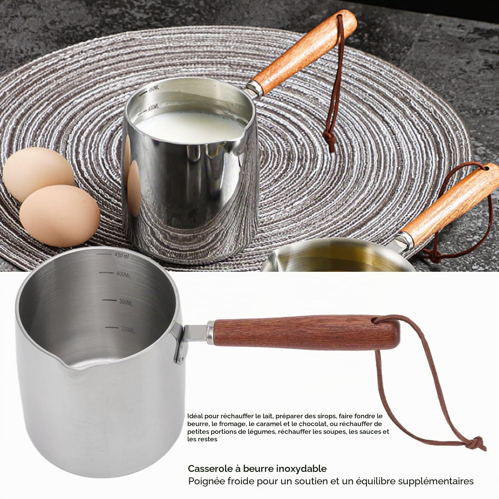 Casserole à Lait avec Bec Verseur, Chauffe-Beurre en Acier Inoxydable 450 ml, Mini Pot à Lait pour Café au Beurre, Compatible Induction, Gaz, Électrique, Poignée en Bois
