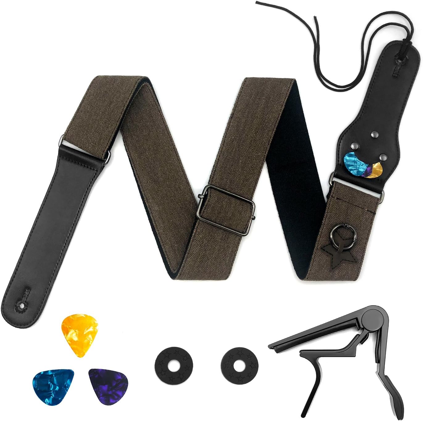 Kormest Adjustable Guitar Straps Acoustic - Denim Style With Leather Ends for Electric Bass Ukulele Including Guitar Capo+Safety Locks+Picks (Coffee,2'')