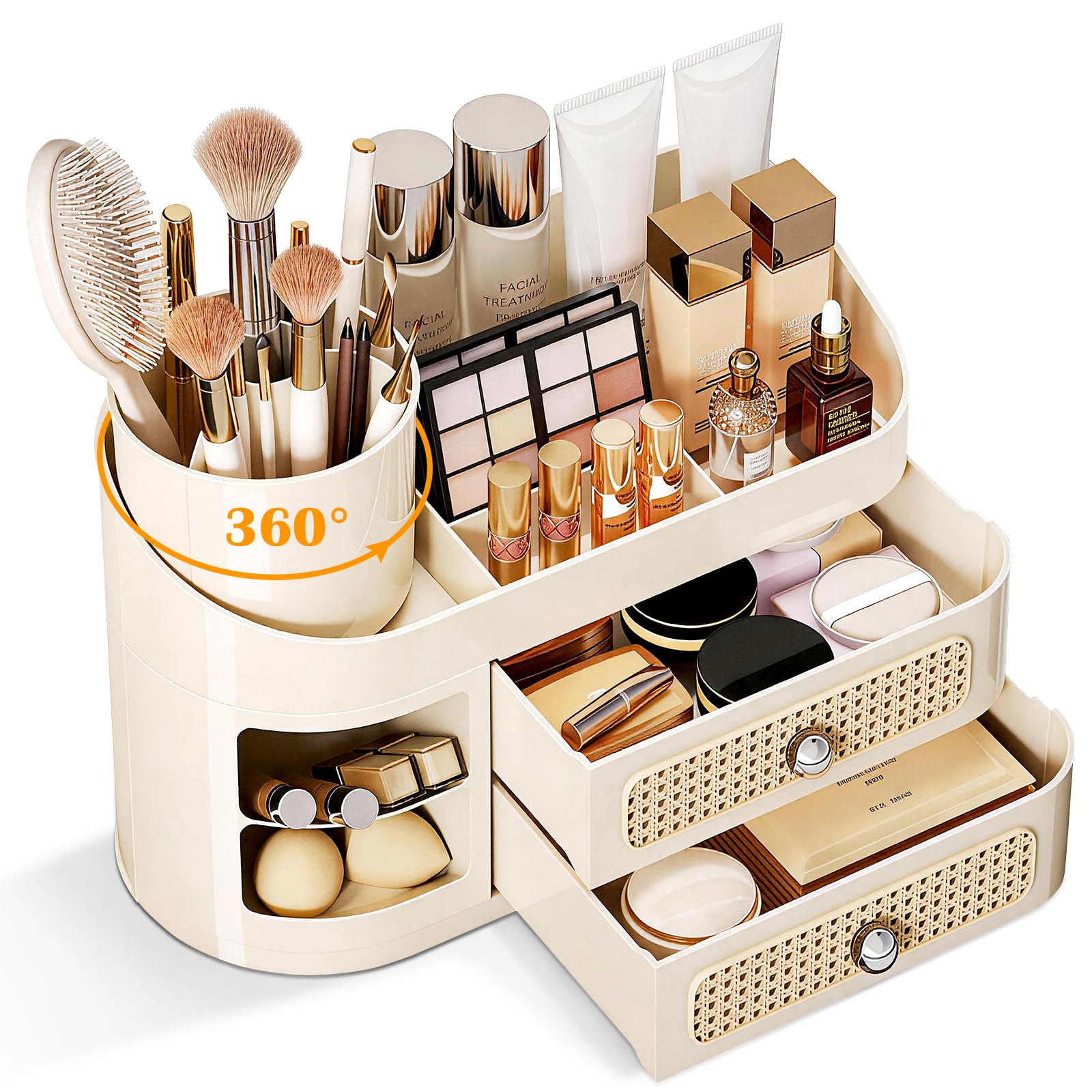 Hoiwio Makeup Organiser with 360° Rotating Removable Brush Holder - Dressing Table Organisation Cosmetic Storage Box with Drawer for Vanity, Bathroom, Countertop Beauty Organizer for Skincare Perfume