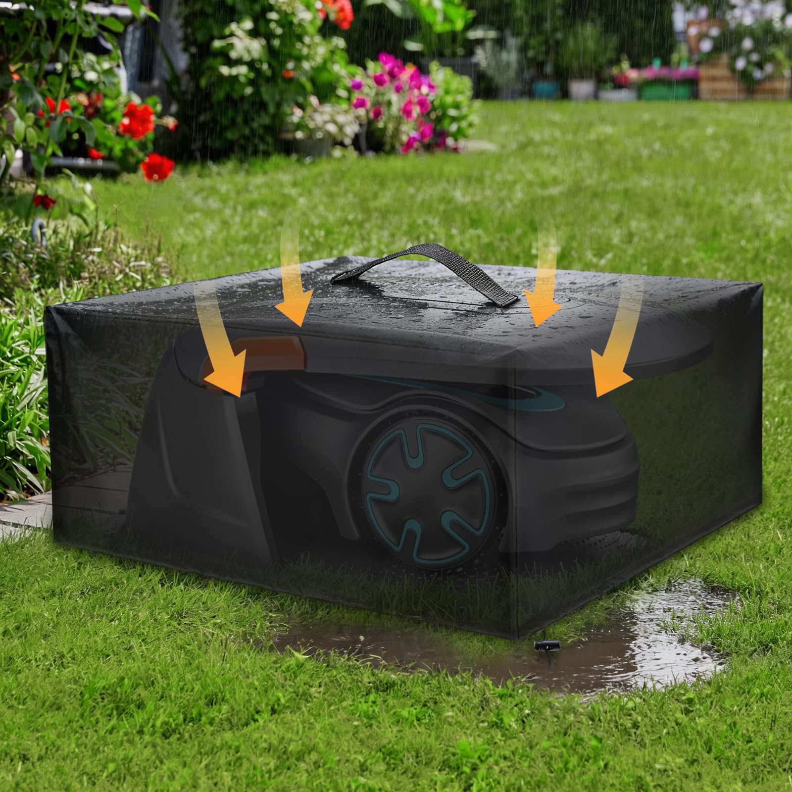 Housse de Protection Étanche pour Robot Tondeuse 78 x 56 x 36 cm – Oxford 420D Résistant, avec Cordon de Serrage, Anti-UV, Anti-Neige, Anti-Poussière, pour Usage Extérieur, avec Poignées