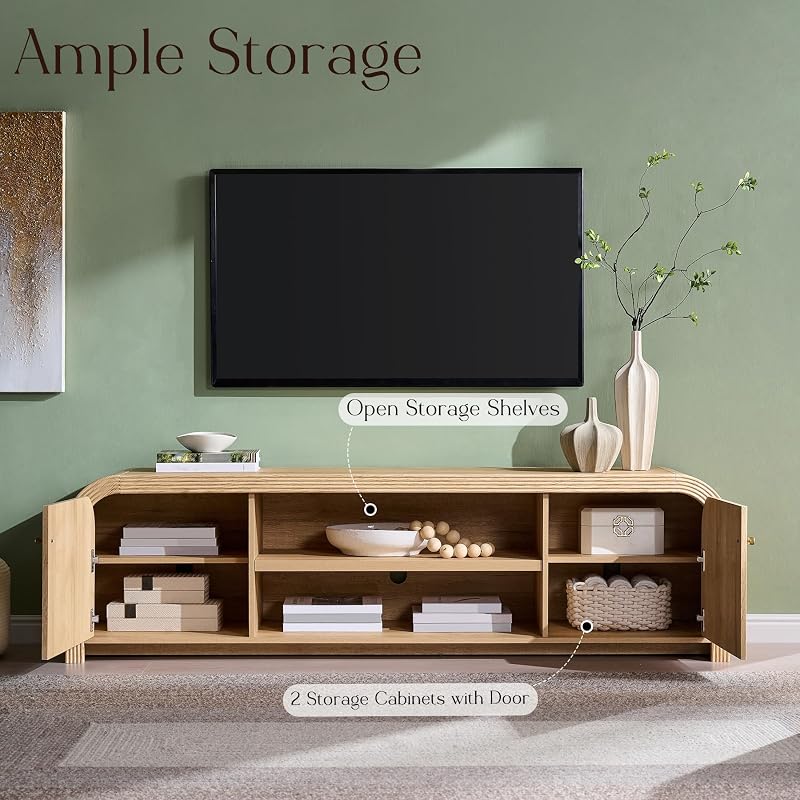 T4TREAM 70" Modern Fluted TV Stand with Storage, Natural Oak image 5