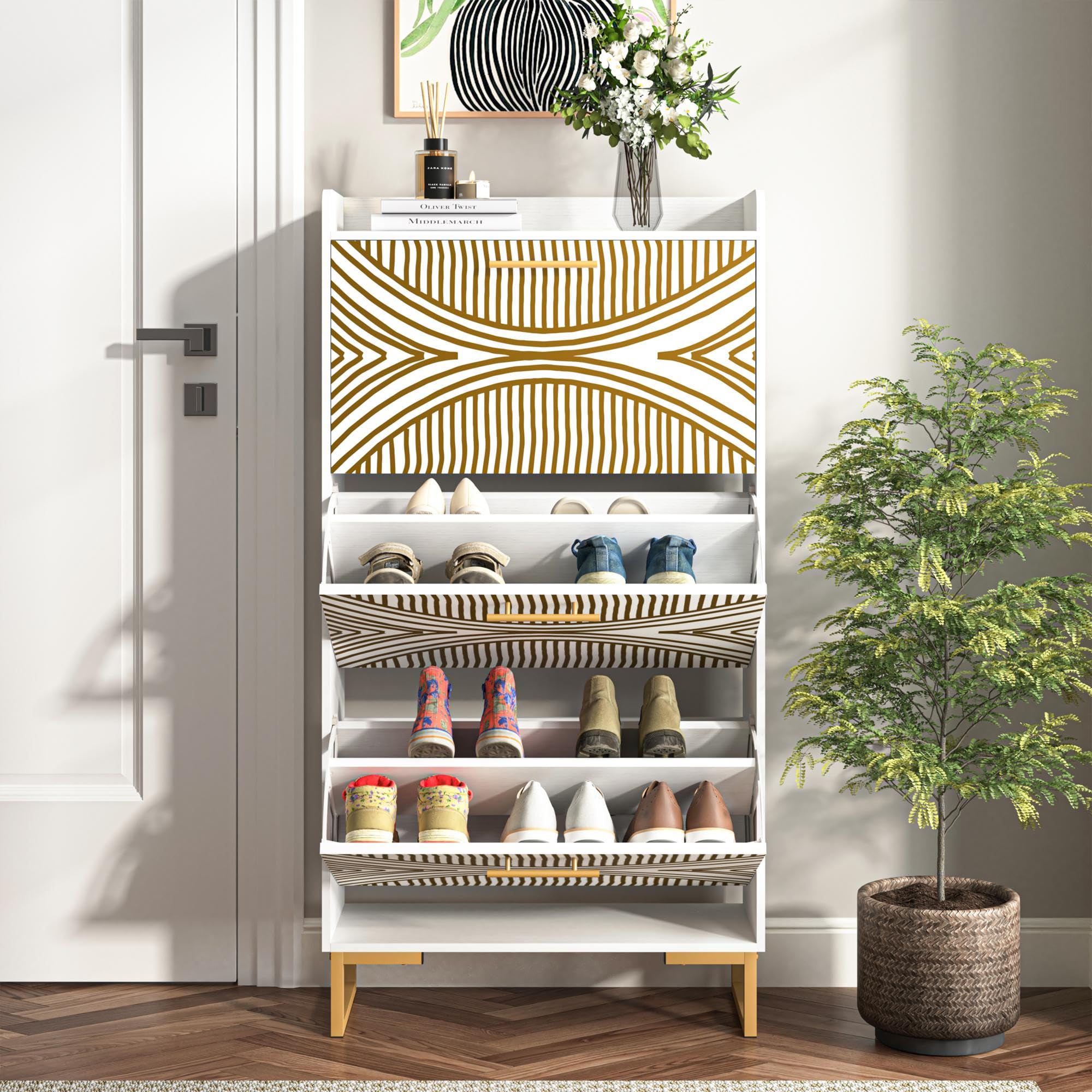 Simply-ME Shoe Cabinet with 3 Flip Drawers for Entryway,Narrow Shoe Cabinet Organizer, Freestanding Shoe Rack for Living Room, Entrance，Apartment (White 121)