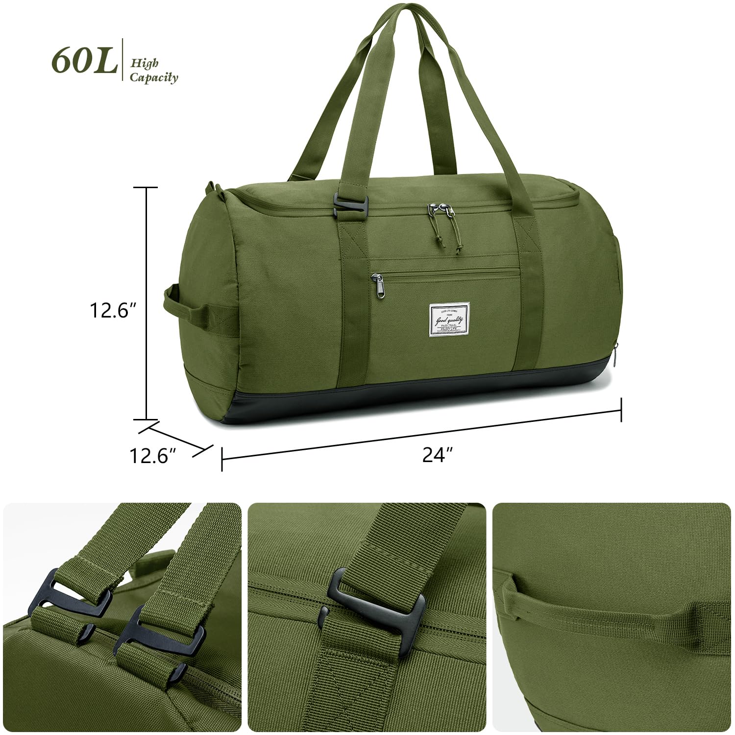 Borsone Palestra Uomo Donna Grande 60 Litri Borsa Sportiva Viaggio con Porta Scarpe da Sport, Fitness, Piscina, Campeggio, Viaggi, Verde