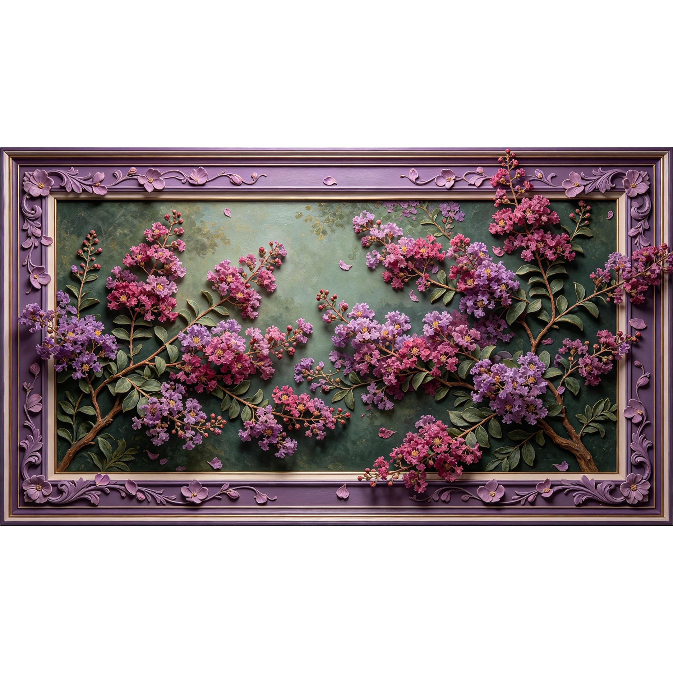 QZLITHOTIC 50×100cm 3D Framed Wall Art， Botanical Floral Branch Purple Pink Bloom SelfAdhesive Mural， WaterActivated Peel & Stick Fabric Decor Wall Decal for Bedroom Living Room