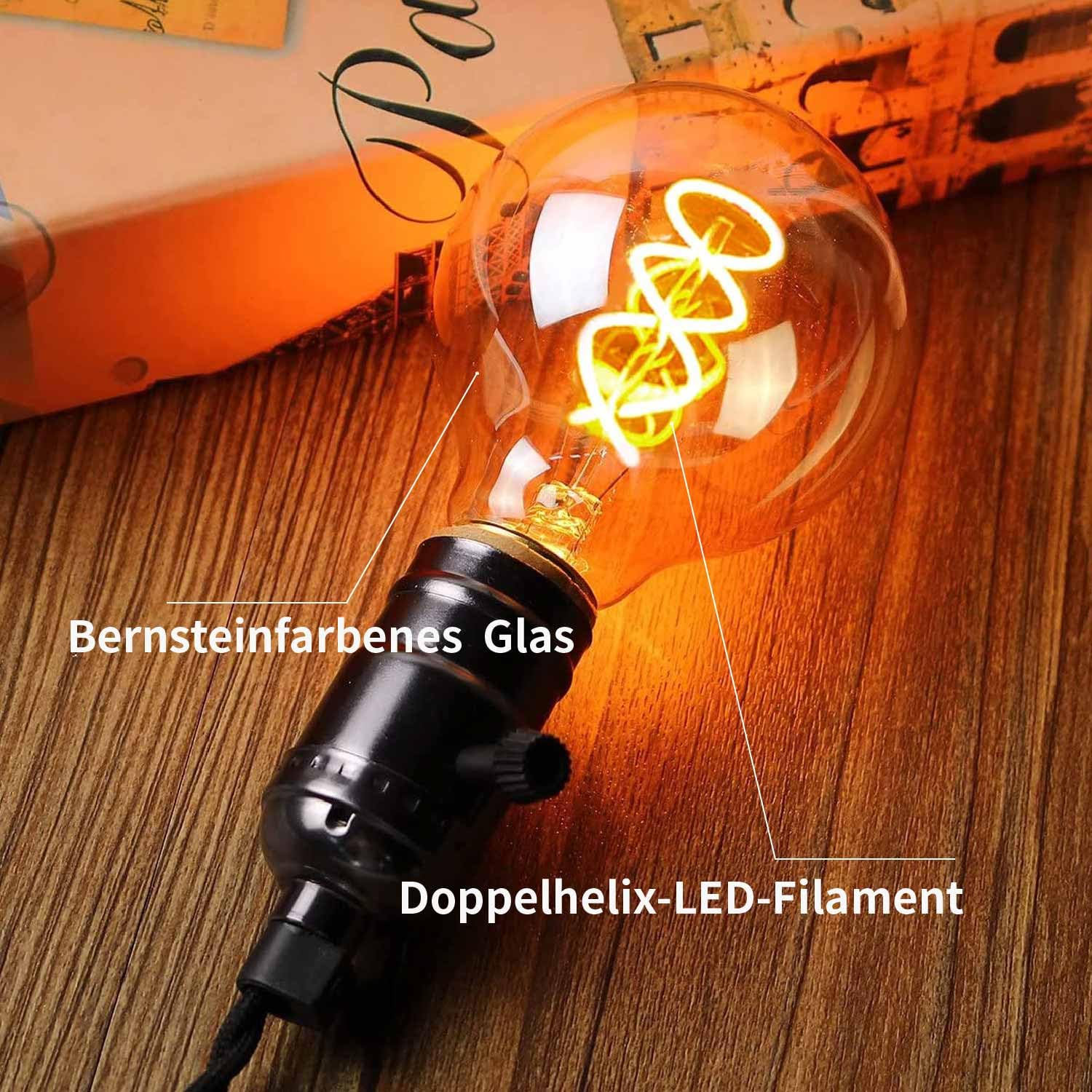 Edison Vintage Glühbirne E27,E27 LED Vintage 4W G80 2700K Warmweiss Retro Glühbirne LED Filament Lampe für Retro Beleuchtung im Wohnzimmer/Schlafzimmer/Esszimmer - Bernstein, 6 Stück