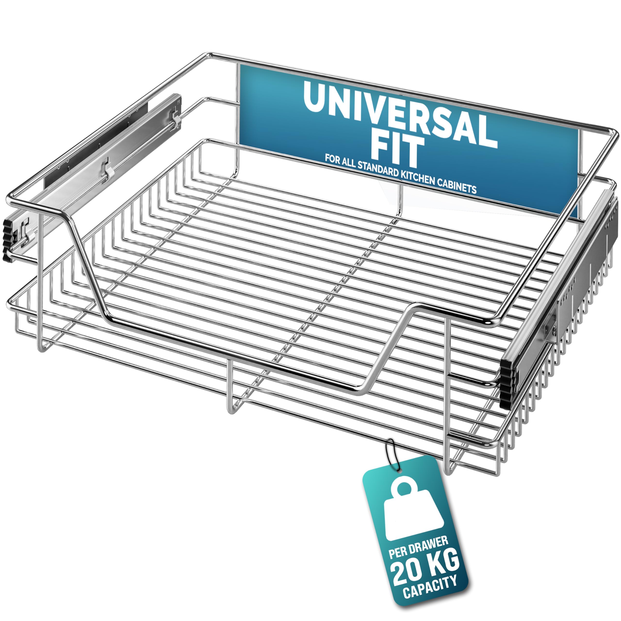 CASARIA® Pull Out Telescopic Kitchen Drawer | For 60cm Units - 56cm Internal Cabinet Dimensions | Chrome-Plated | 20kg Load Capacity | Basket Shelf Organiser Storage Space Saving — image 1