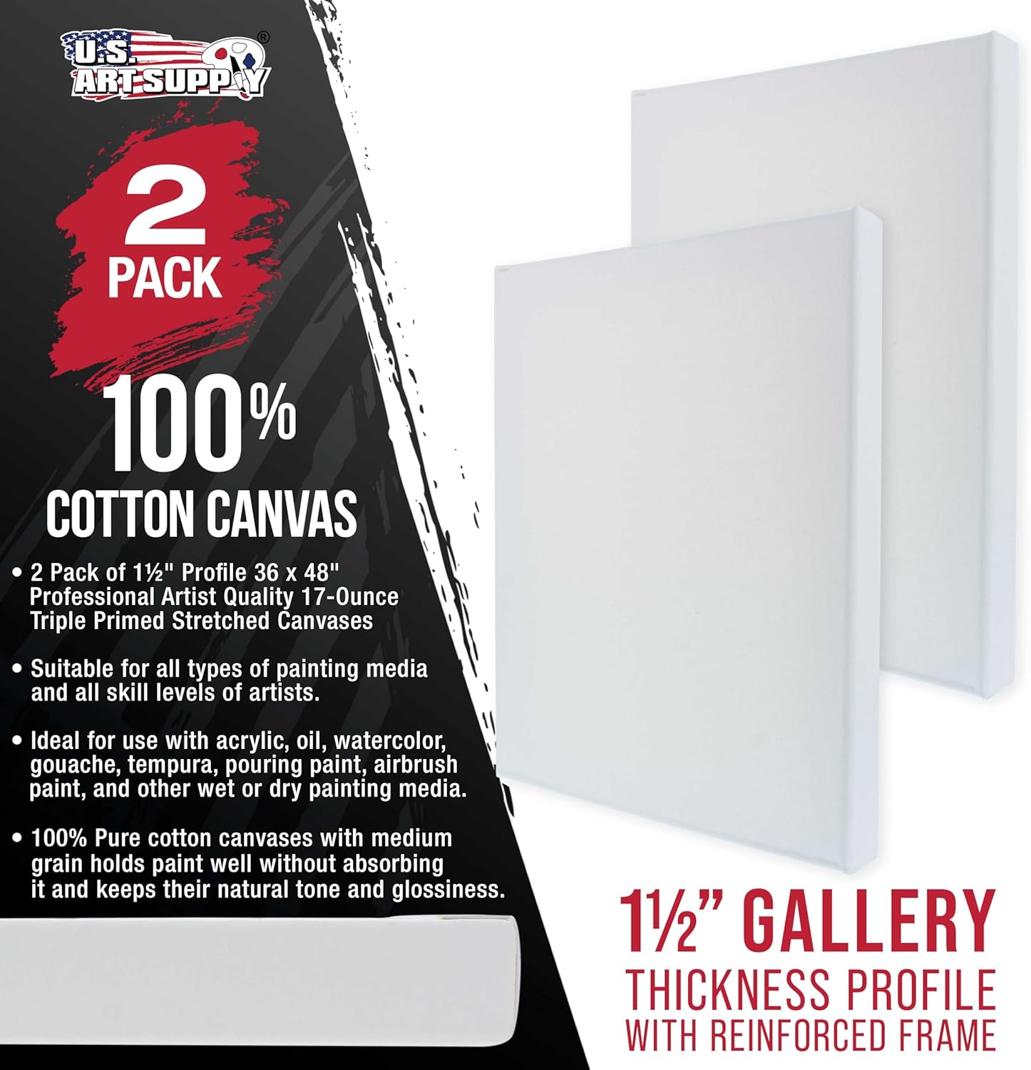 U.S. Art Supply Rectangle Stretched Canvas for Painting 36x48 inch Gallery Depth 1-1/2" Thick, 2-Pack - 17oz Acrylic Gesso Triple Primed, Professional Artist Quality, 100% Cotton - Oil, Pouring Paint