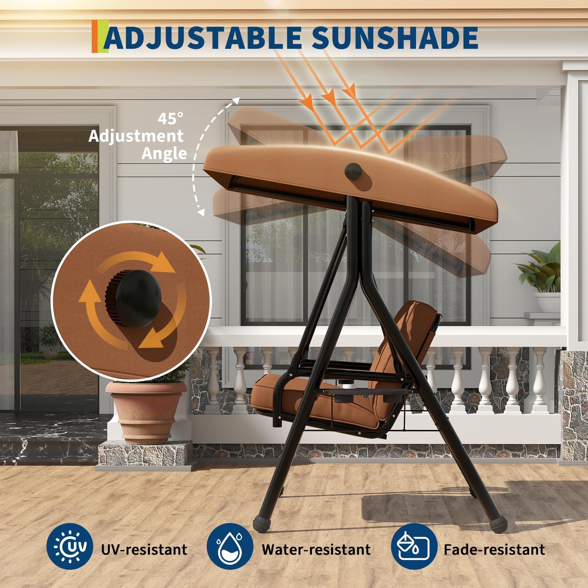 Hollywoodschaukel 2-Sitzer Mit Verstellbarem Sonnendach & Standgestell, Gartenschaukel Mit Abnehmbarem Kissen, Getränkehaltern & Klapptisch, Wasserabweisend Für Terrasse Garten, Bis 280kg, Braun