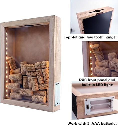 Miniatura 2 de Caja de madera rústica sin pintar con luces, vitrina iluminada por LED para corchos de vino, entradas y exposiciones creativas, presentaciones