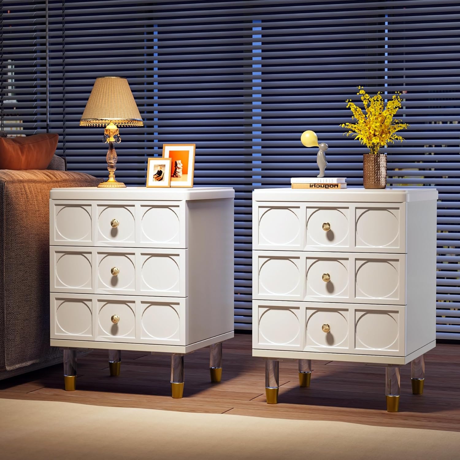 Tribesigns Nightstands Set of 2 Bedside Table with 3 Drawers, White Nightstand, Modern Night Stand Dresser for Bedroom, Night Table Side Table with Storage and Gold Legs for Dorm