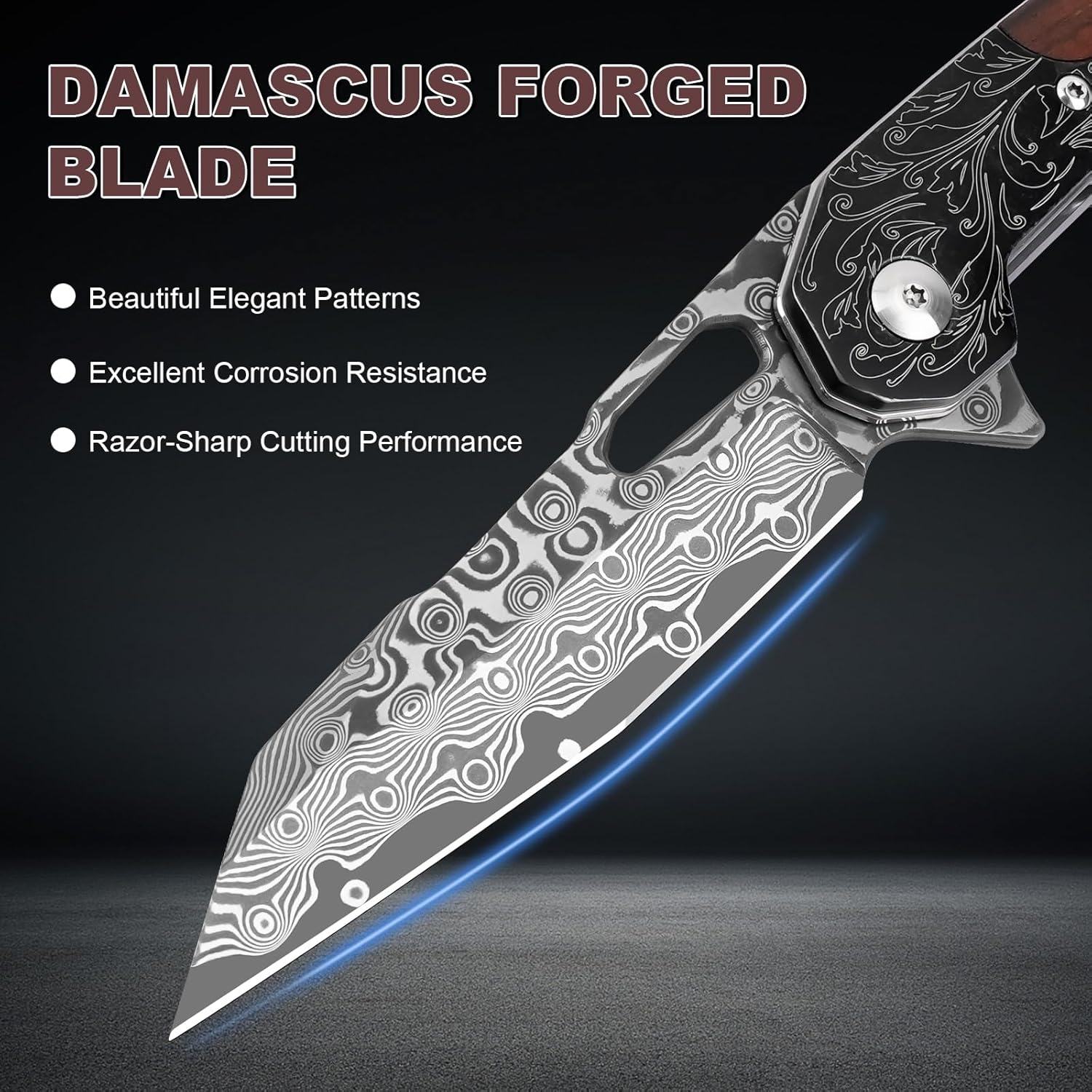 AUBEY Damascus Pocket Knife for Men, Damascus Steel Blade, Folding Knives with Wooden Handle, EDC Damascus Knife for Outdoor Camping Collection Gift