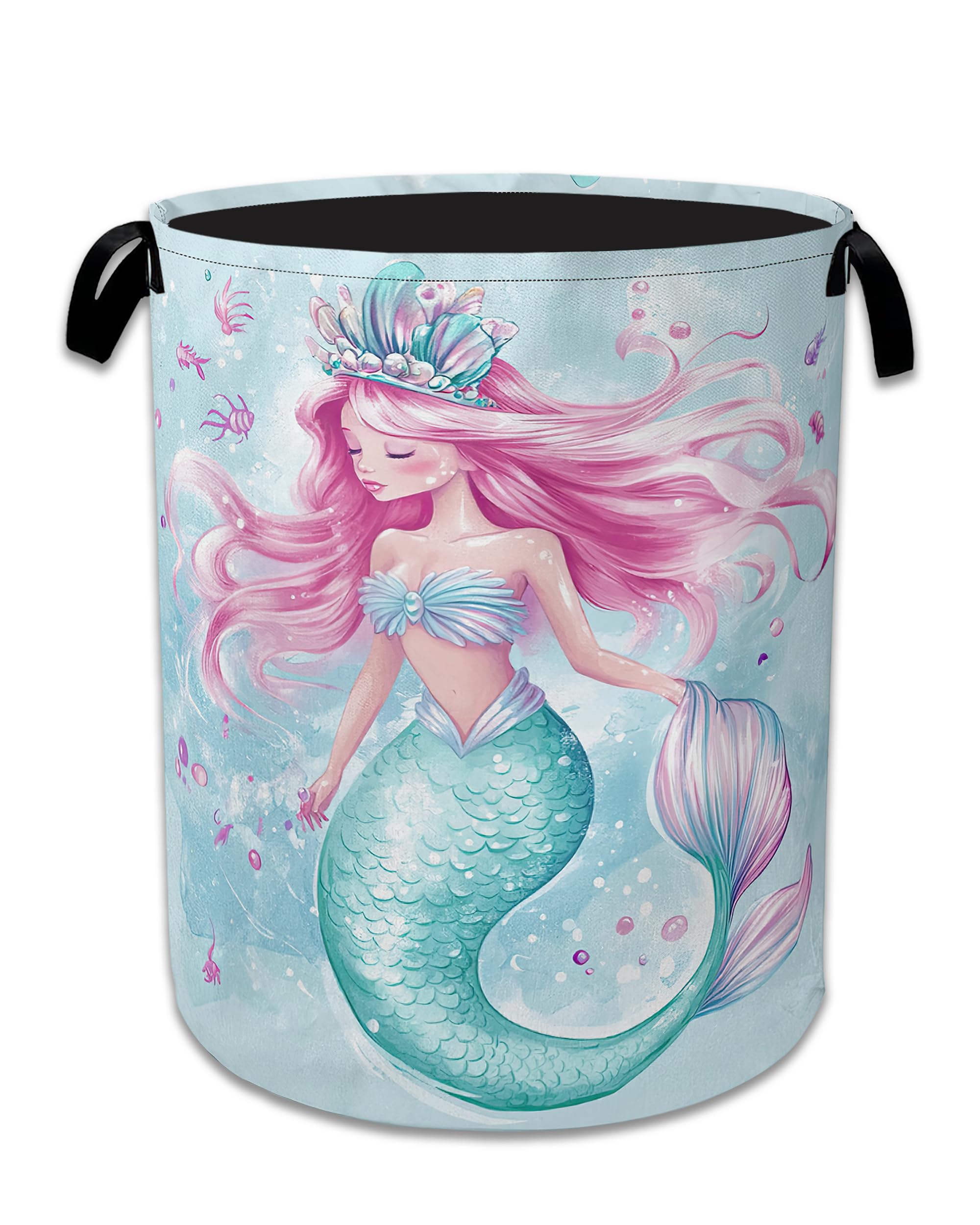 Cartoon Mermaid Laundry Basket Collapsible Laundry Hamper Clothes Toy Storage Bin for Bathroom Bedroom Room Decor 16" X 20.8"