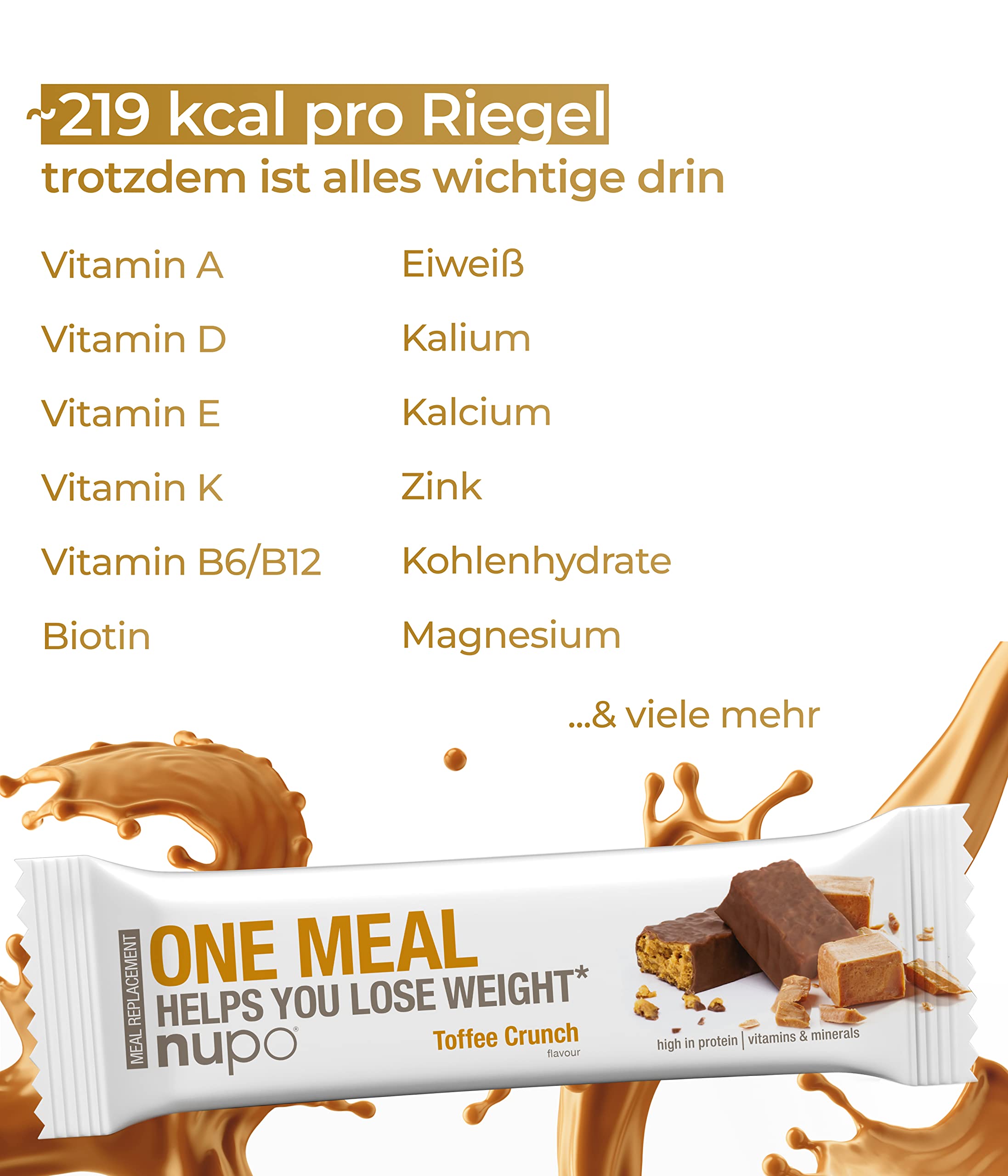 NUPO® One Meal Bar [Toffee Crunch - 24 Stk.] - Mit Nährstoffen, Vitamine & Mineralien - Diät Riegel Snack zum abnehmen - Fitness low carb Riegel - Mahlzeitenersatz Riegel - Diet Riegel - Energieriegel