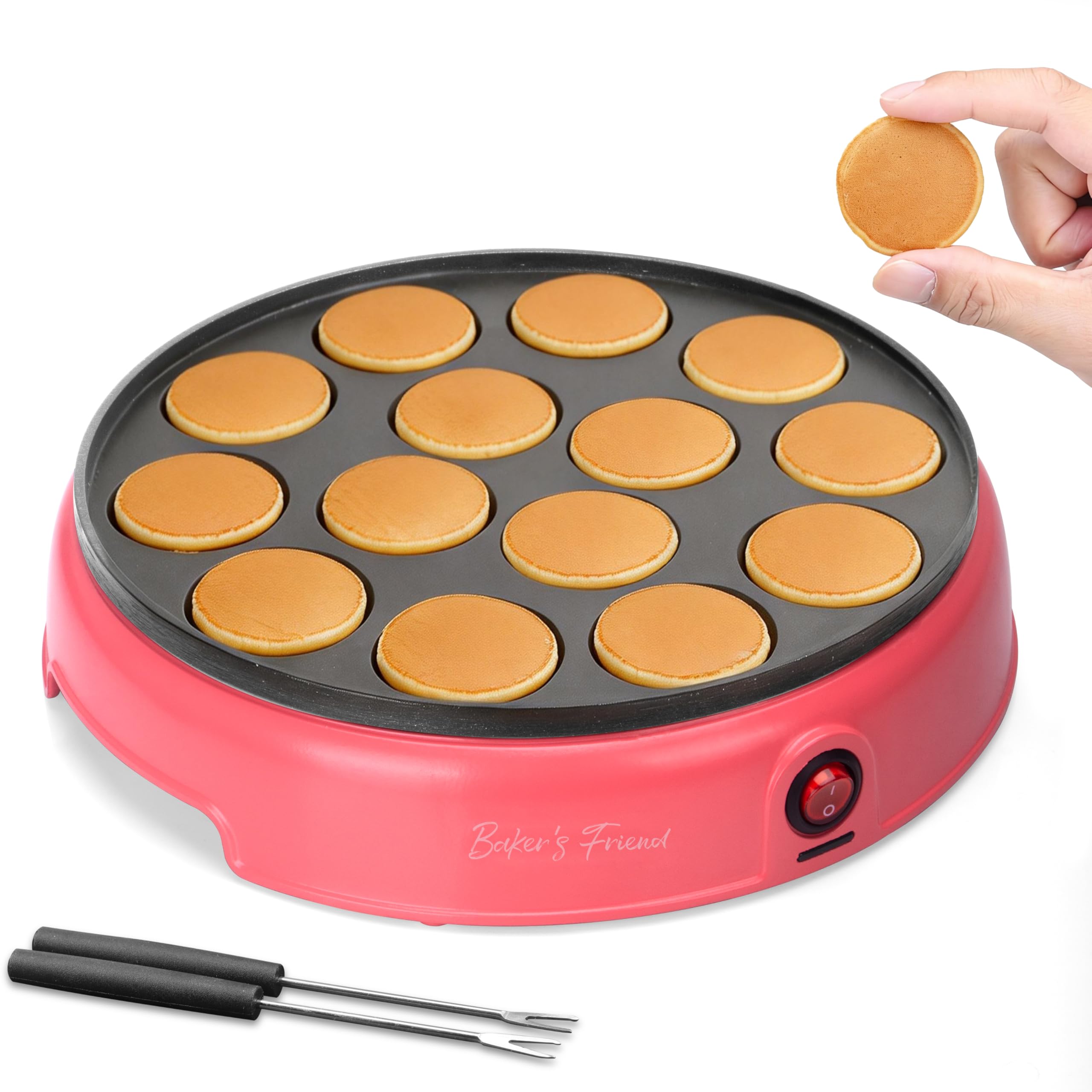 Mini Pancakes Maker Machine, Dutch Mini Pancake Griddle, 14 Holes Electric Poffertjes Pan, Ideal for Breakfast, Snacks, Desserts & More, Red