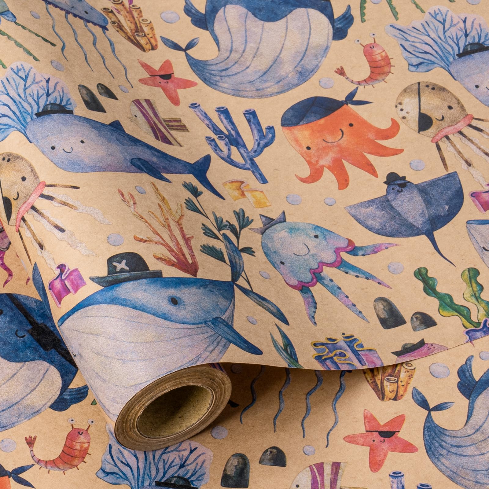 RUSPEPA Kraft Wrapping Paper Roll - Mini Roll - Marine Organism Pattern Great for Kids Birthday, Party and Any Occasion - 43.2cm x 5m