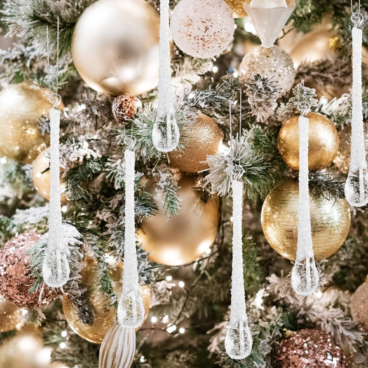 24 Pcs ICY Teardrop Christmas Ornaments 4.72 x 0.59 Inches Frosted Glass Raindrop Clear Christmas Chandelier Crystal Hanging Ornaments for Xmas Tree Decorations Winter Party(White)